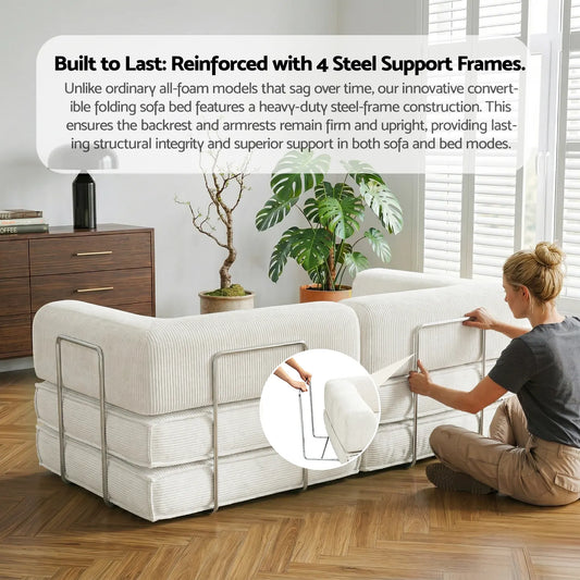 Artiss Convertible Folding Sofa Bed Pull Out Mattress Sleeper Couch Corduroy Beige - Image 8