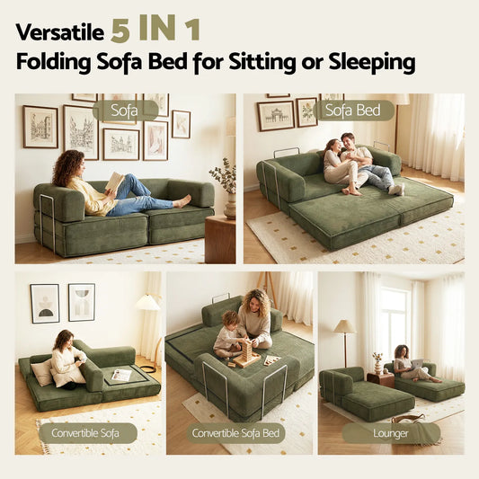 Artiss Convertible Folding Sofa Bed Pull Out Mattress Sleeper Couch Corduroy Green - Image 9