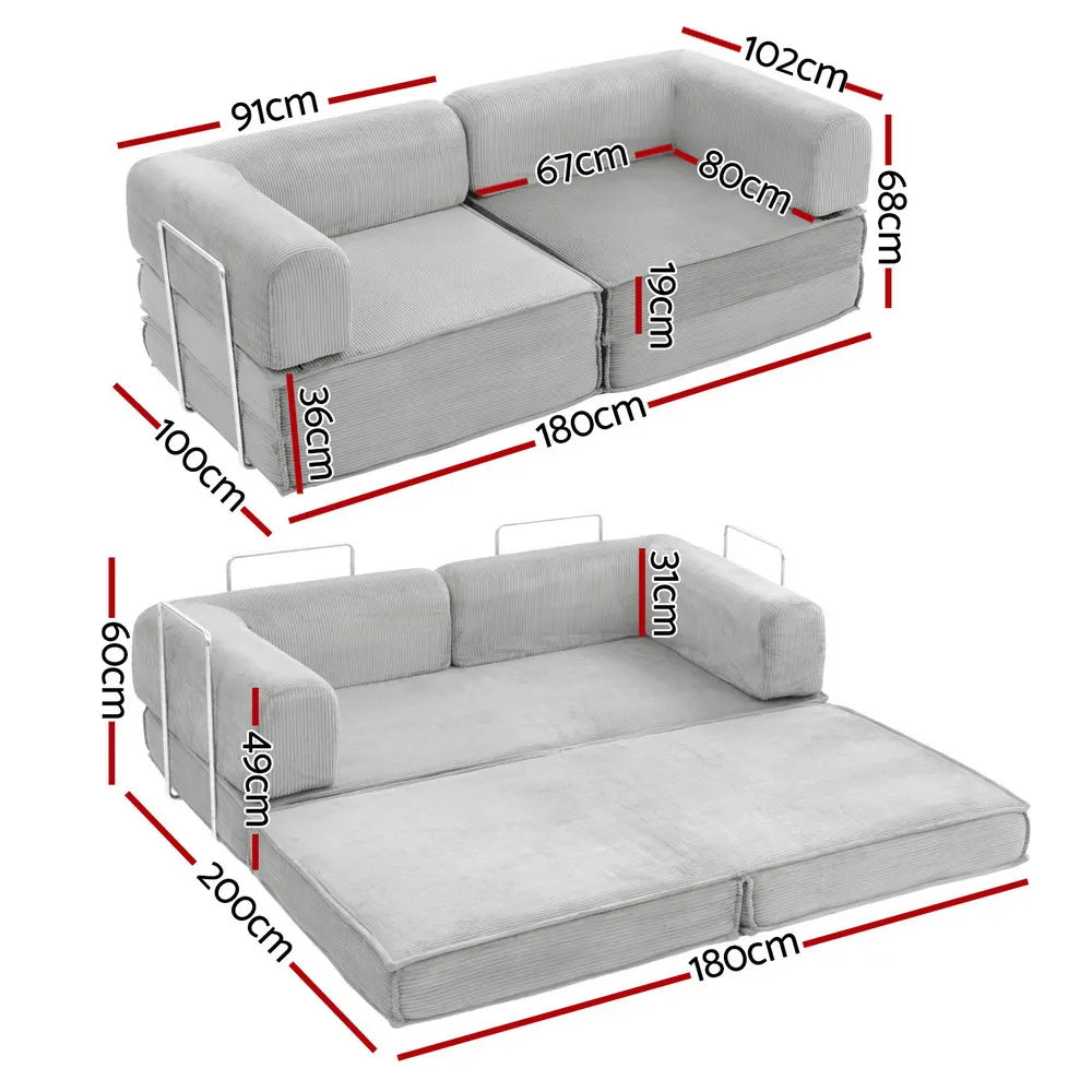 Artiss Convertible Folding Sofa Bed Pull Out Mattress Sleeper Couch Corduroy Grey - Image 3