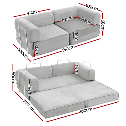 Artiss Convertible Folding Sofa Bed Pull Out Mattress Sleeper Couch Corduroy Grey - Image 3