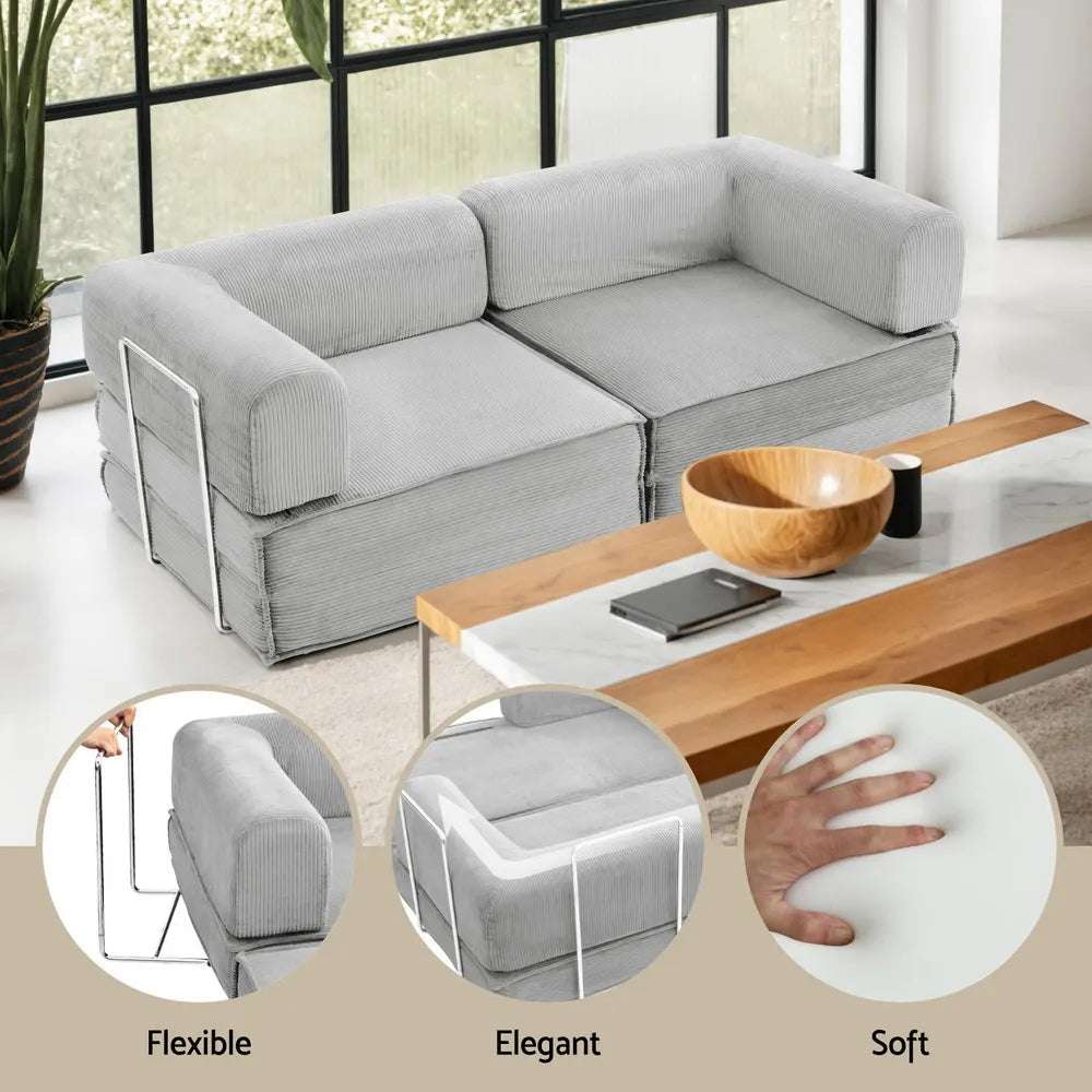 Artiss Convertible Folding Sofa Bed Pull Out Mattress Sleeper Couch Corduroy Grey - Image 6