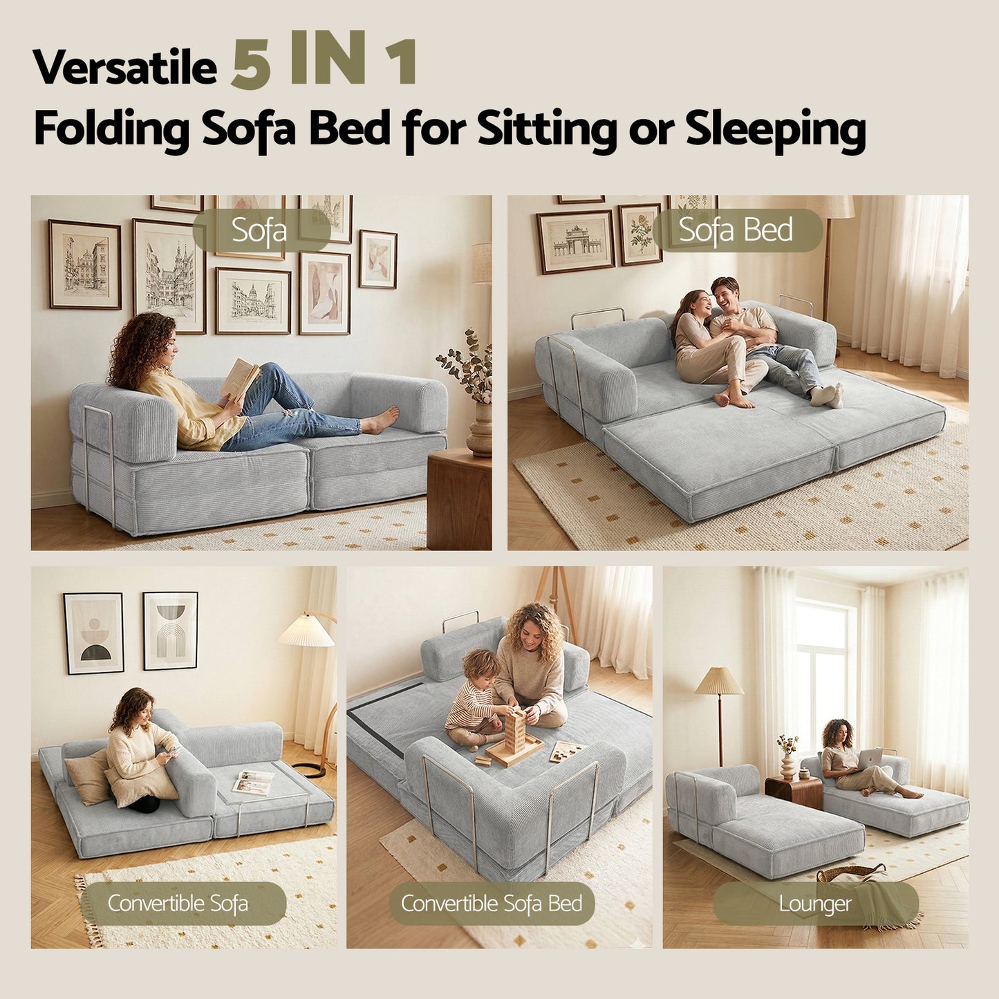 Artiss Convertible Folding Sofa Bed Grey - Image 9