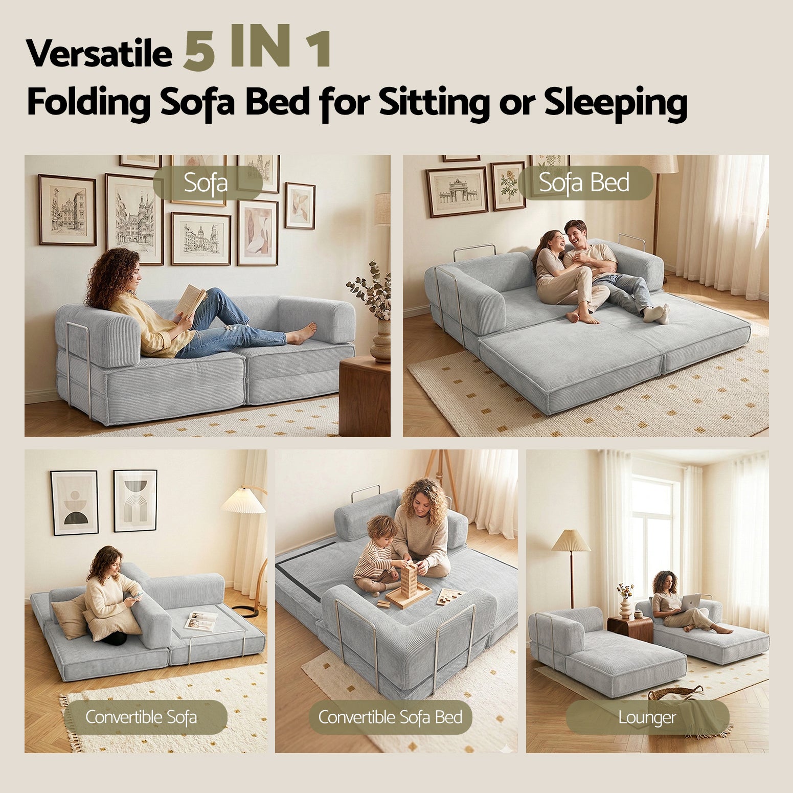 Artiss Convertible Folding Sofa Bed Grey - Image 9