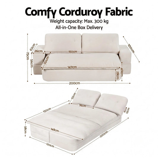 Artiss Convertible Folding Sofa Bed 30D High-Density Foam Boneless Couch with Corduroy Sleeper Couch Lounger for Living Room Beign - Image 2