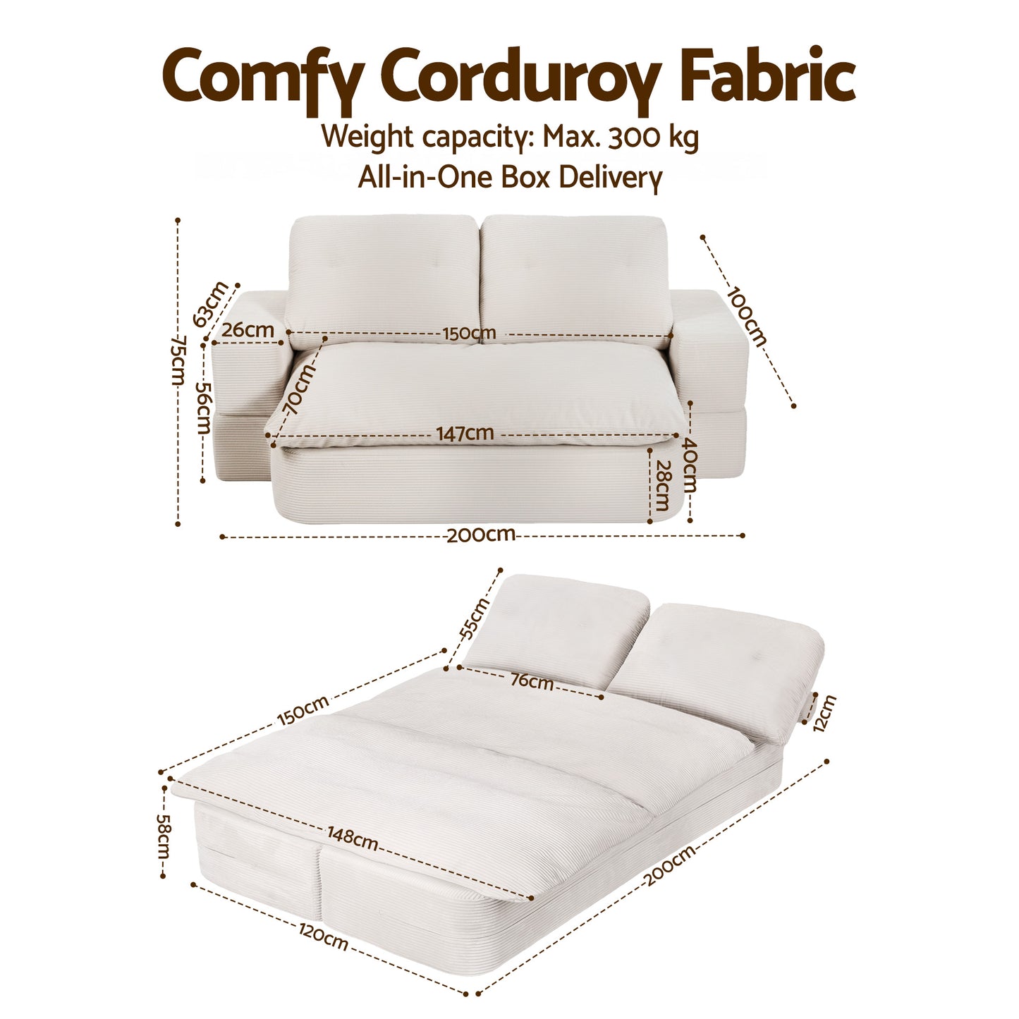Artiss Convertible Folding Sofa Bed 30D High-Density Foam Boneless Couch with Corduroy Sleeper Couch Lounger for Living Room Beign - Image 2