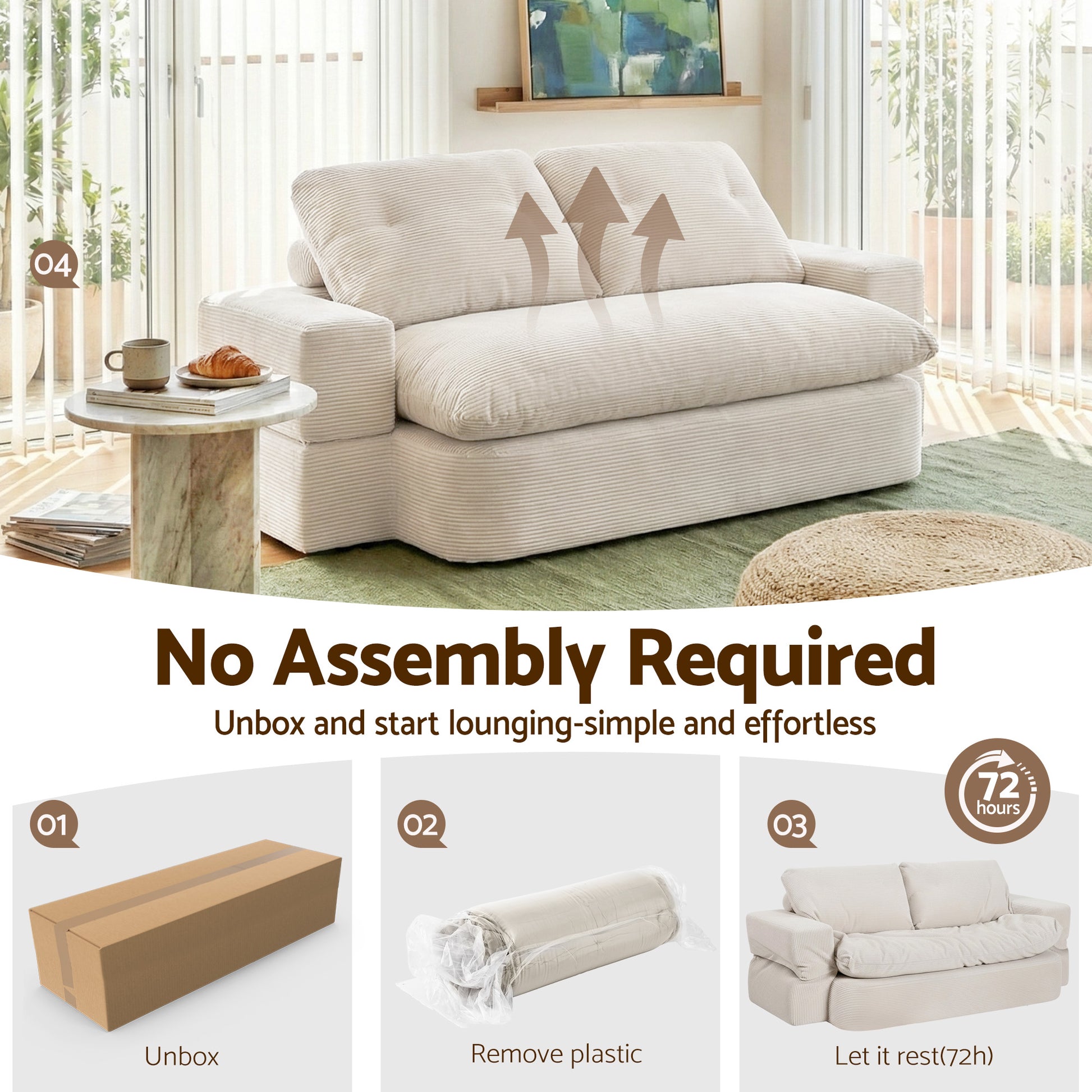 Artiss Convertible Folding Sofa Bed 30D High-Density Foam Boneless Couch with Corduroy Sleeper Couch Lounger for Living Room Beign - Image 4
