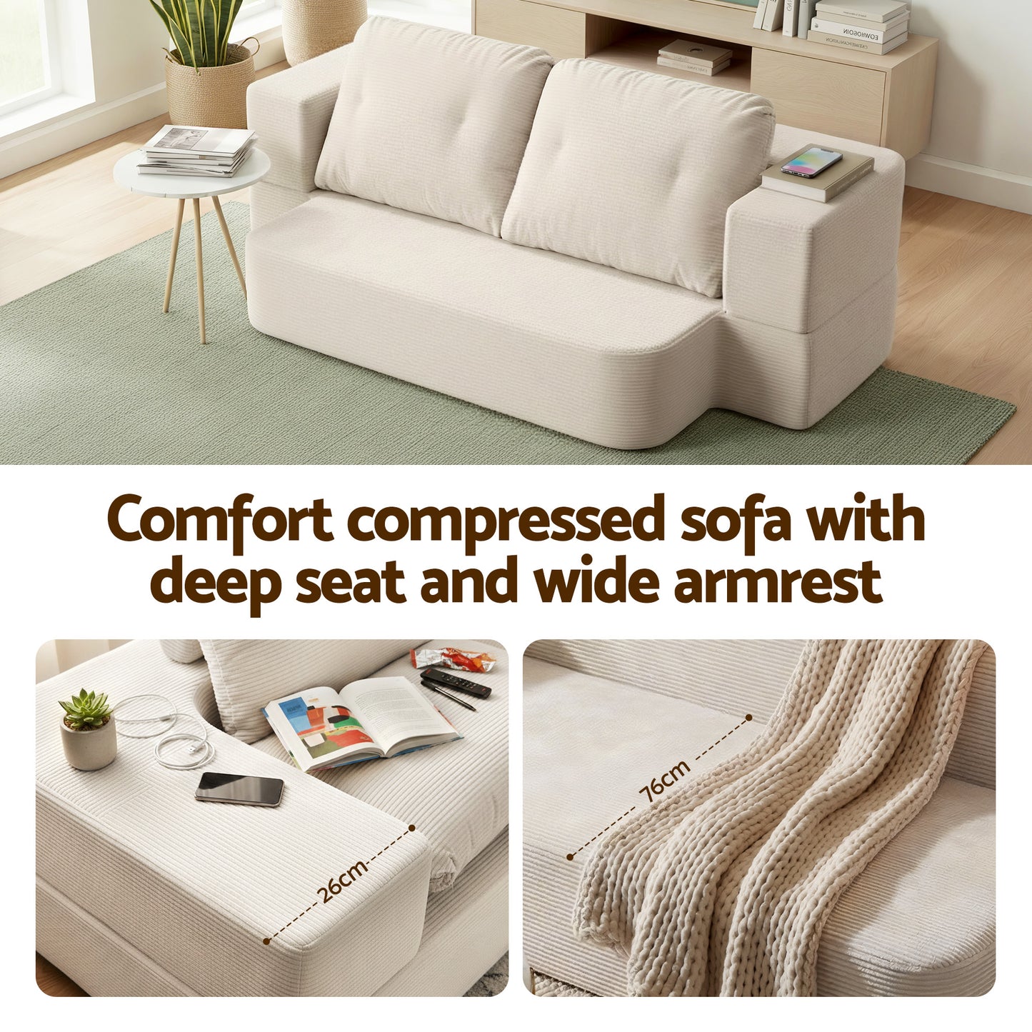 Artiss Convertible Folding Sofa Bed 30D High-Density Foam Boneless Couch with Corduroy Sleeper Couch Lounger for Living Room Beign - Image 5