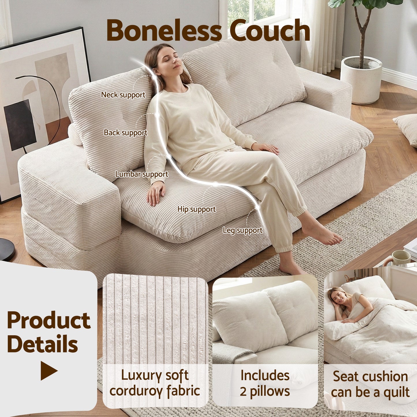 Artiss Convertible Folding Sofa Bed 30D High-Density Foam Boneless Couch with Corduroy Sleeper Couch Lounger for Living Room Beign - Image 7