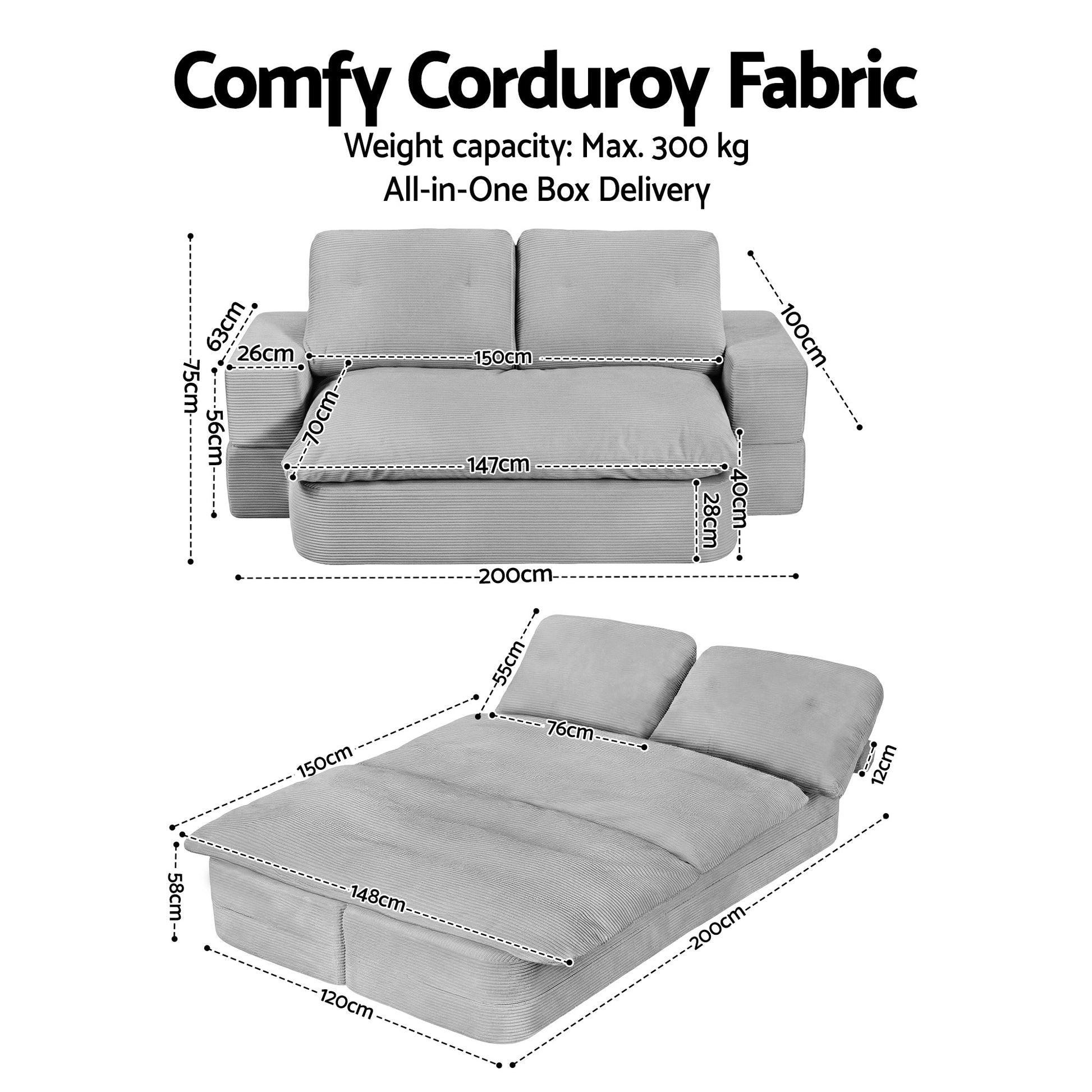 Artiss Convertible Folding Sofa Bed 30D High-Density Foam Boneless Couch with Corduroy Sleeper Couch Lounger for Living Room Grey - Image 2