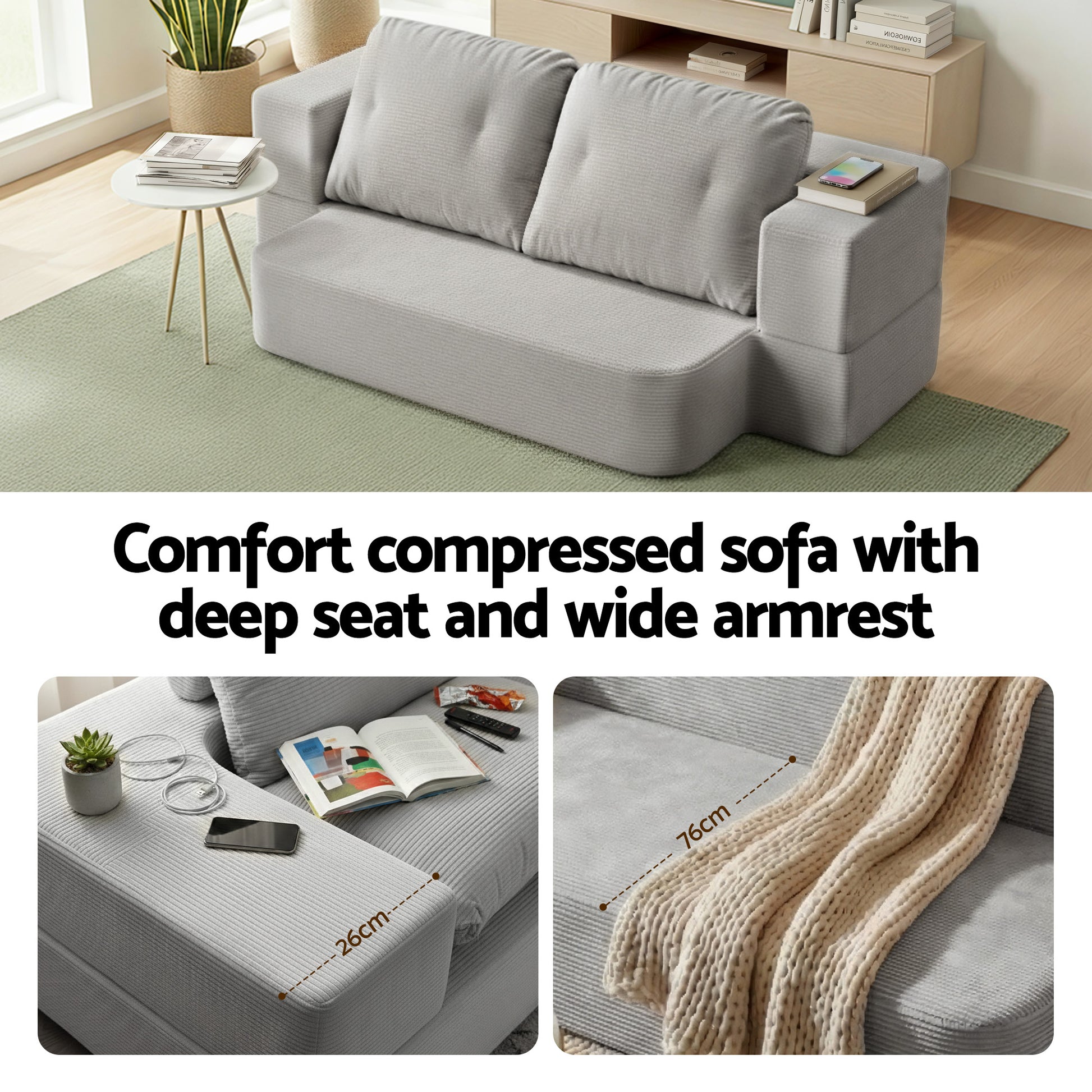 Artiss Convertible Folding Sofa Bed 30D High-Density Foam Boneless Couch with Corduroy Sleeper Couch Lounger for Living Room Grey - Image 5