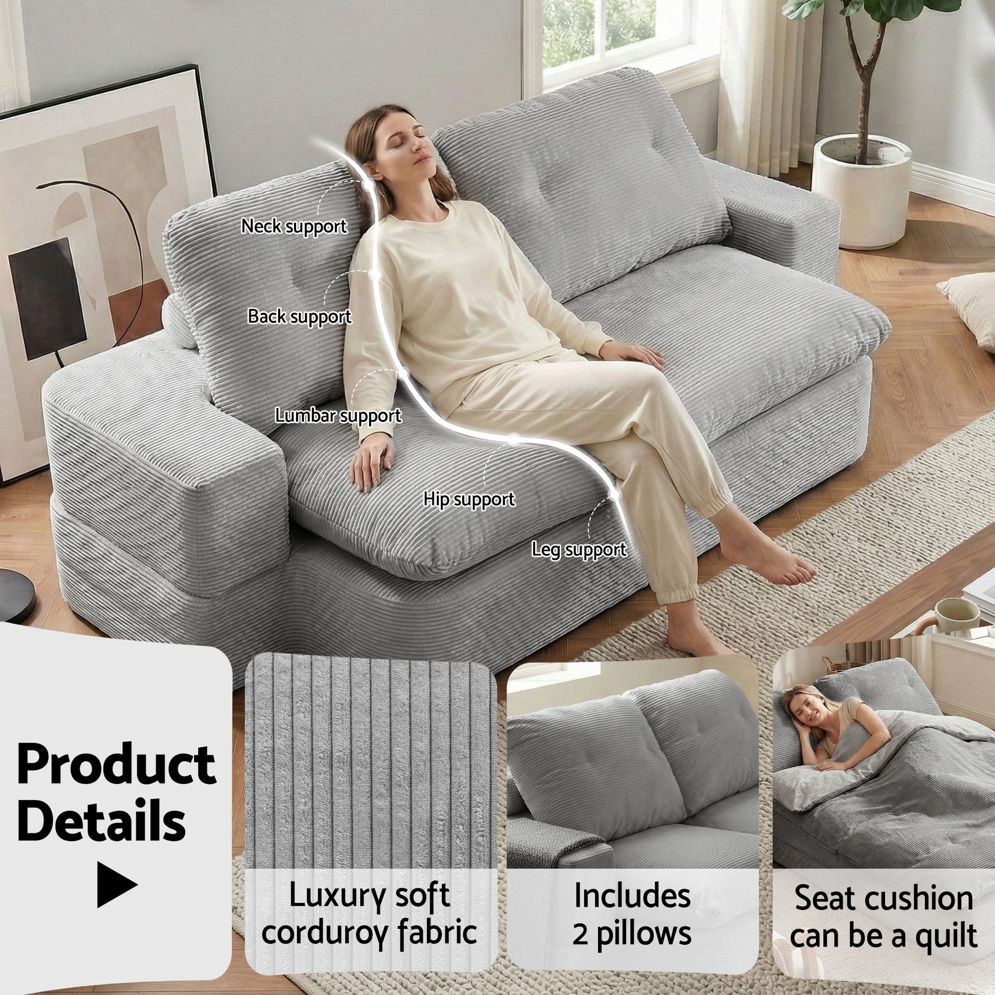 Artiss Convertible Folding Sofa Bed 30D High-Density Foam Boneless Couch with Corduroy Sleeper Couch Lounger for Living Room Grey - Image 7