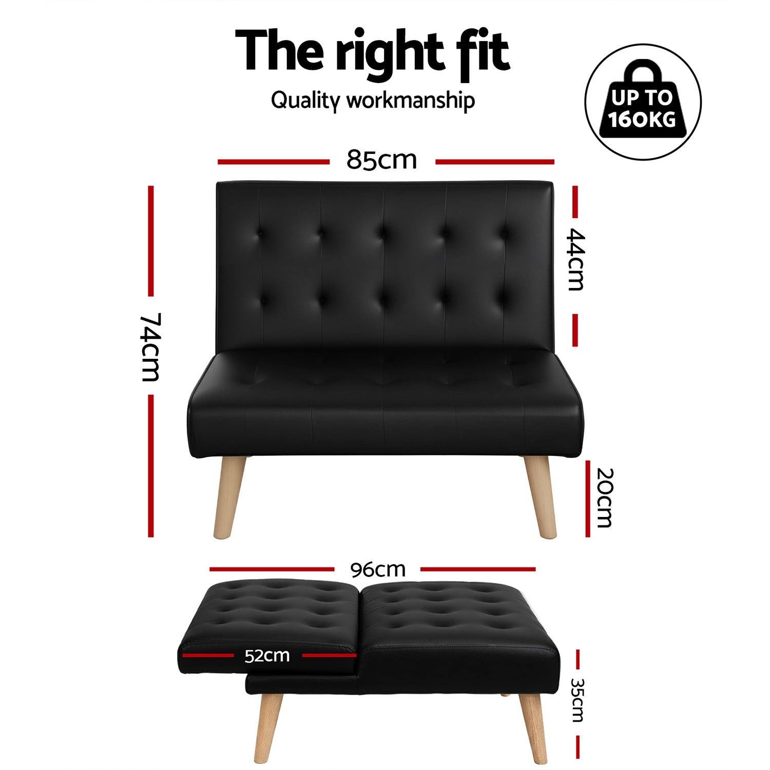 Artiss Sofa Bed Couch 1 Seater Lounge Fabric Black - Image 3