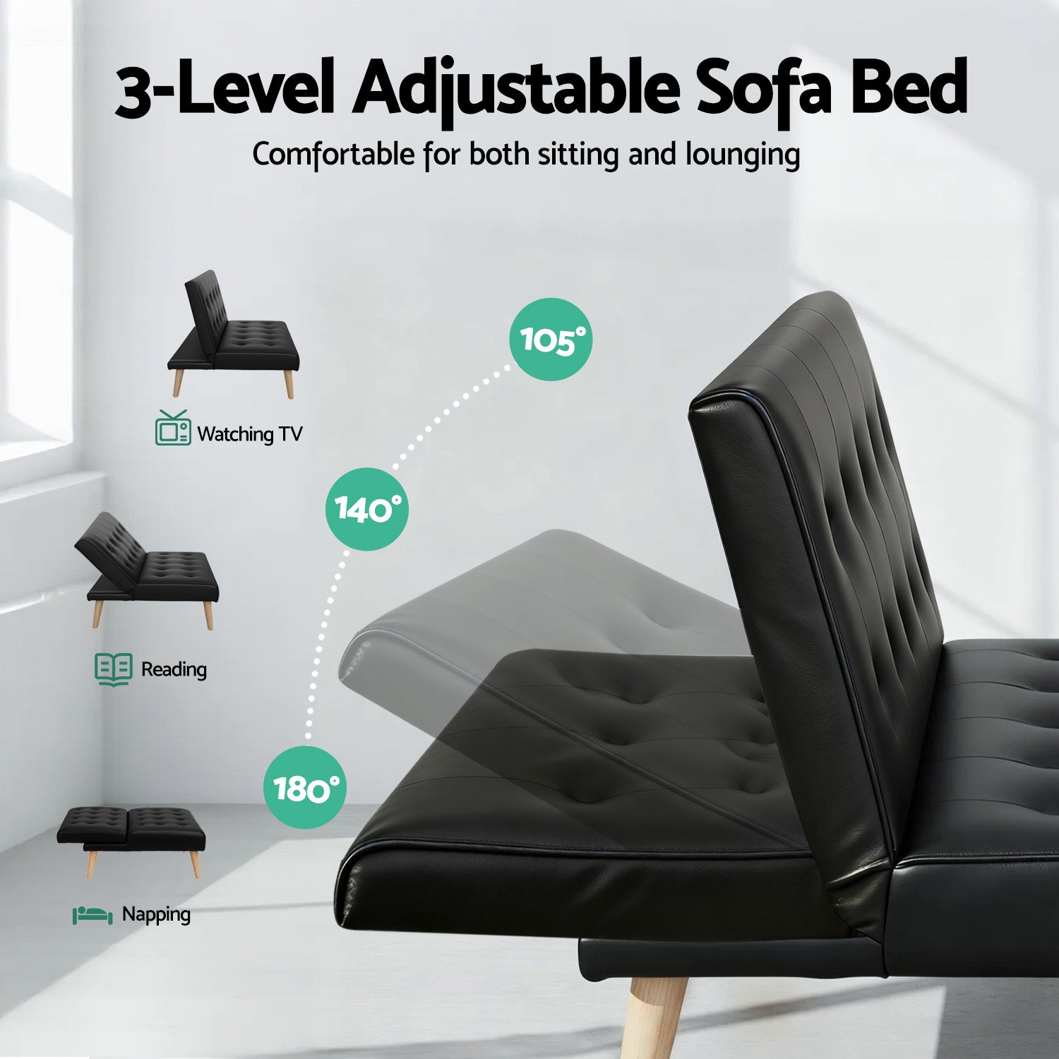 Artiss Sofa Bed Couch 1 Seater Lounge Fabric Black - Image 6