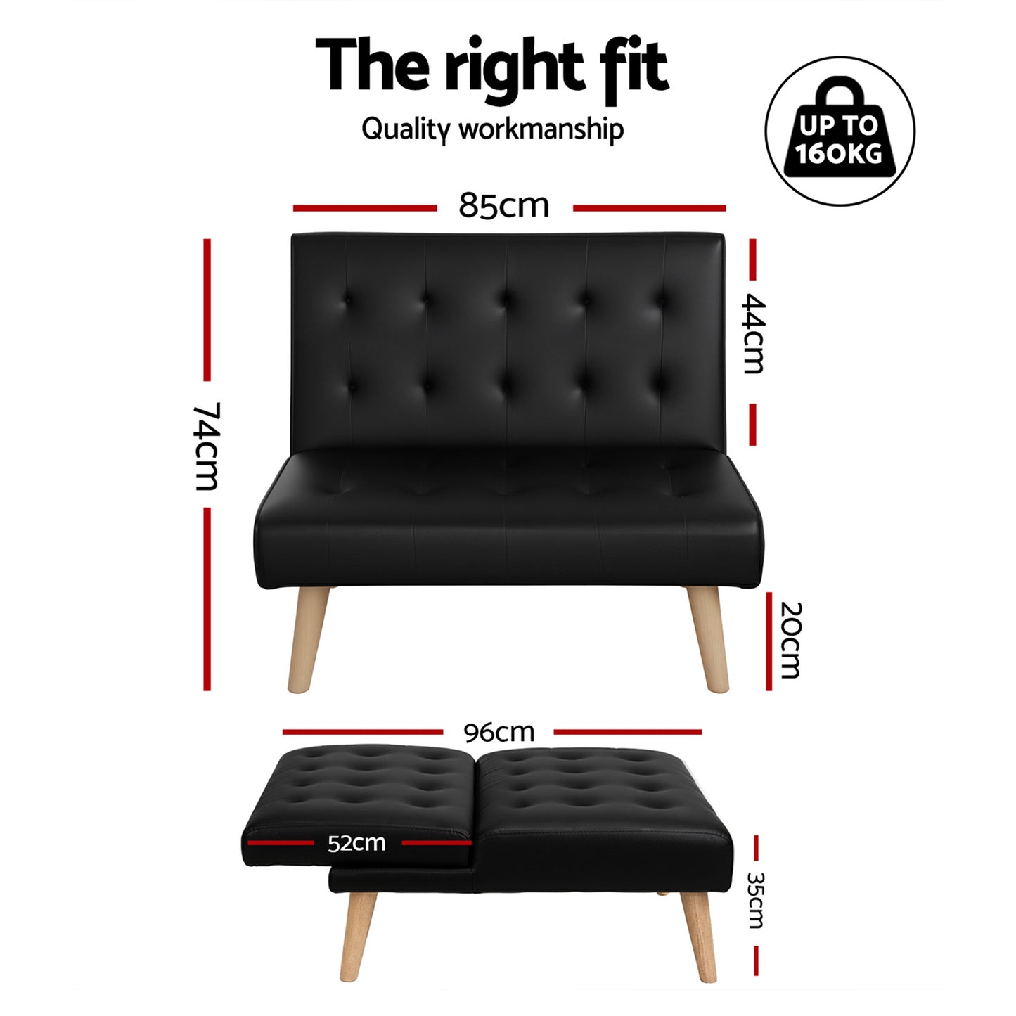 Artiss Sofa Bed Couch 2 Seater Lounge Fabric Black - Image 3