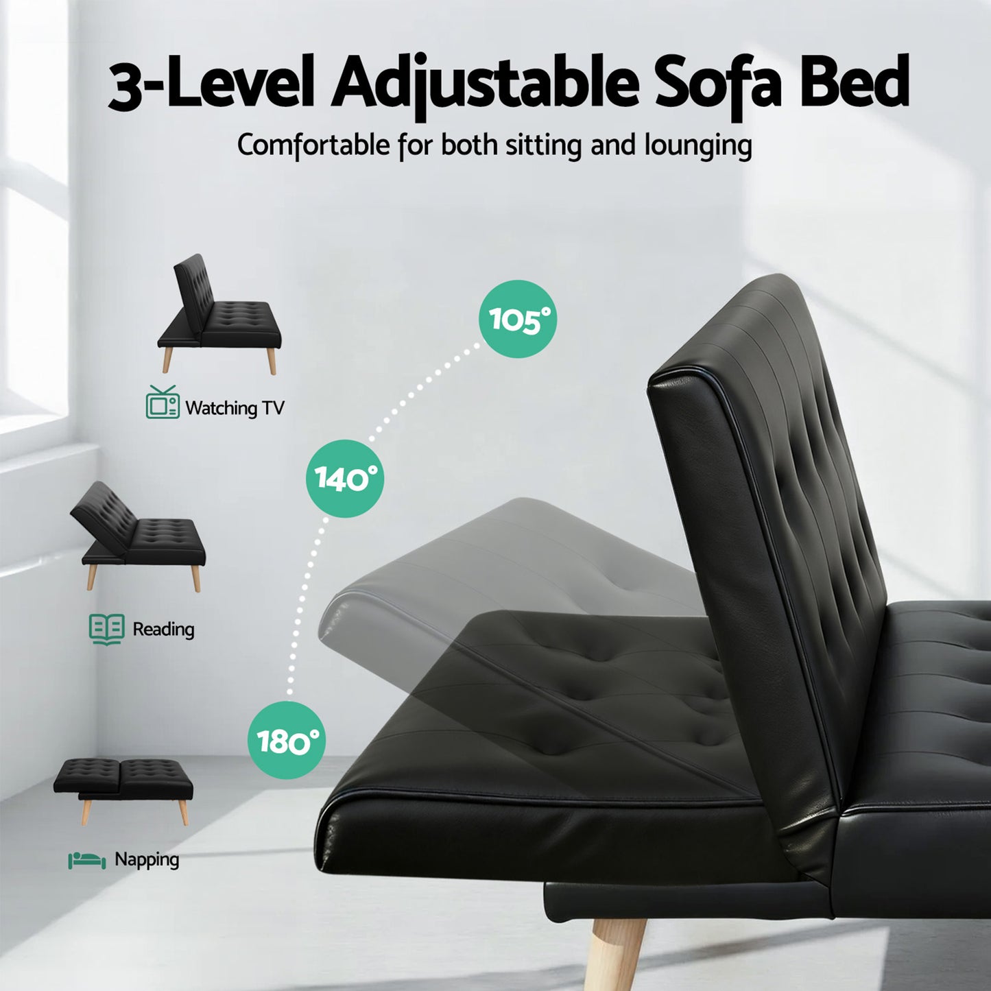 Artiss Sofa Bed Couch 2 Seater Lounge Fabric Black - Image 5