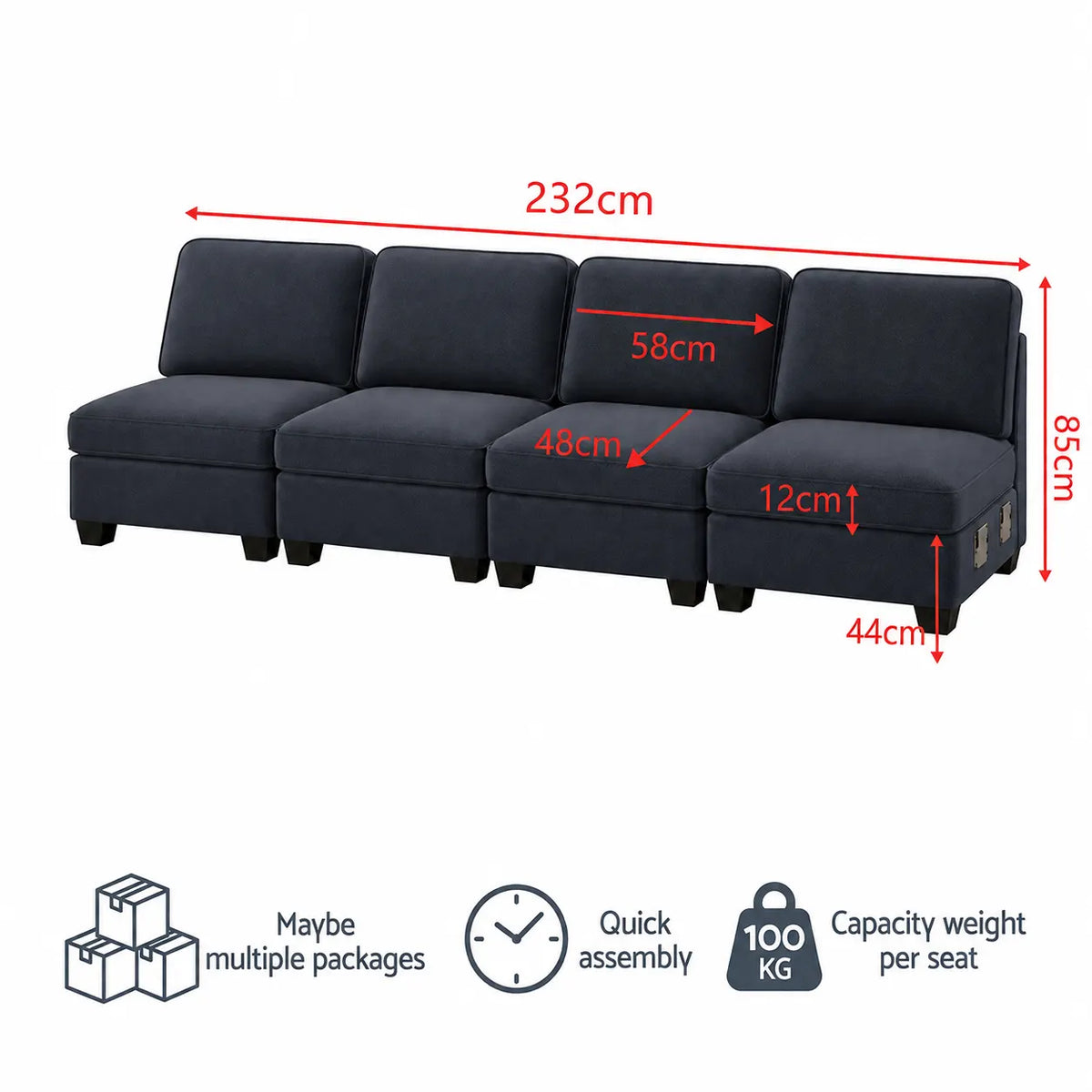 Artiss 4 Seater Modular Sofa Set Sectional Easy Assembly Dark Grey - Image 3