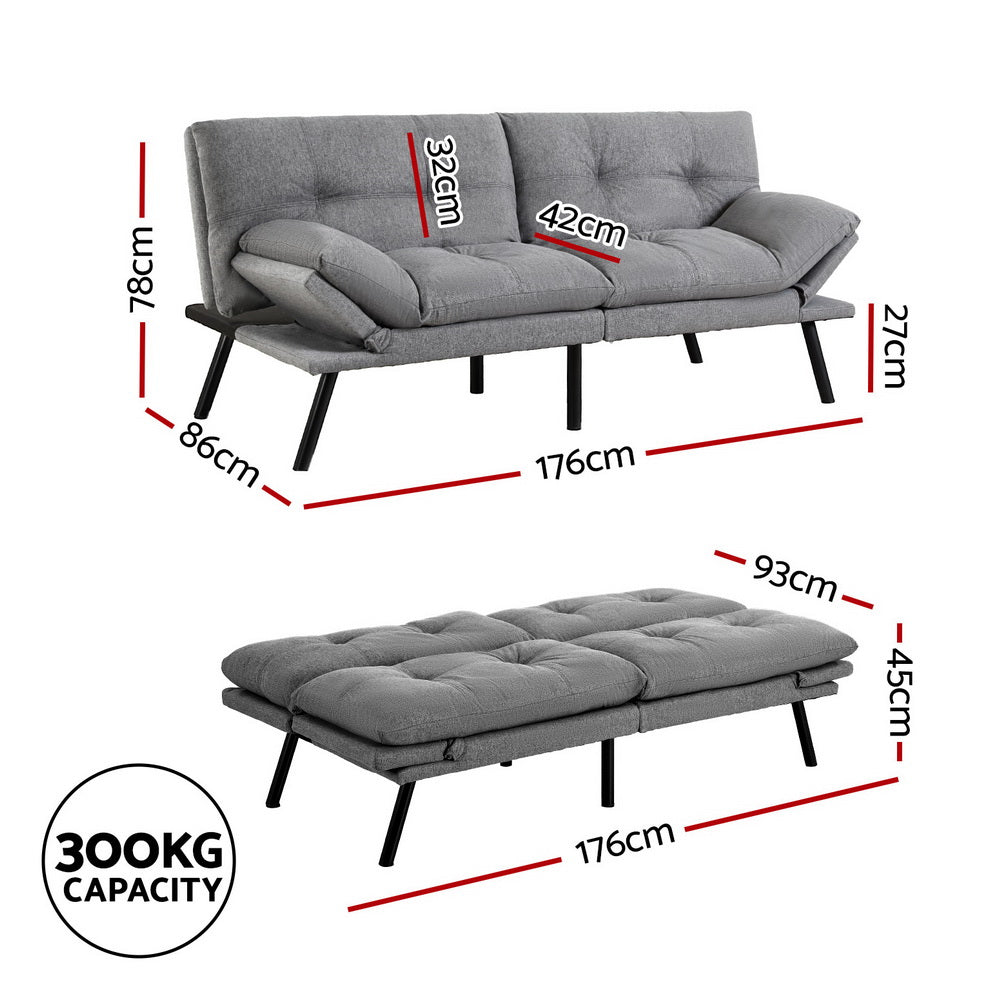 Artiss Sofa Bed Convertible 3 Seater Couch Recliner Lounge Chair Fabric Grey - Image 2