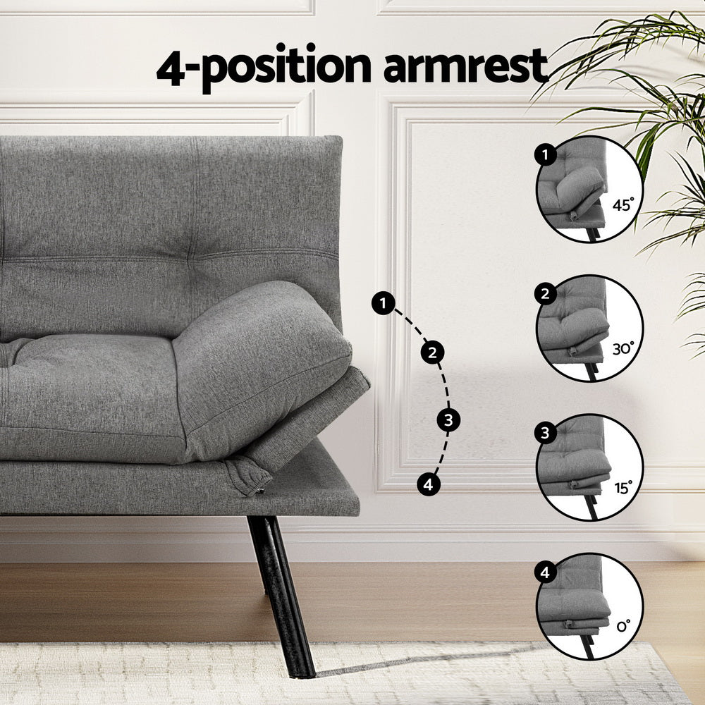 Artiss Sofa Bed Convertible 3 Seater Couch Recliner Lounge Chair Fabric Grey - Image 5