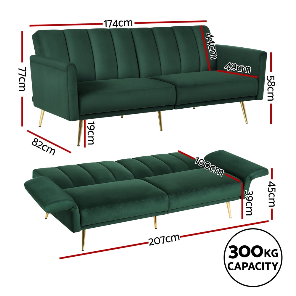 Artiss Sofa Bed 3 Seater Couch Convertible Lounge Adjustable Arm Recliner Velvet - Image 2