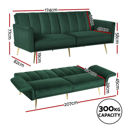 Artiss Sofa Bed 3 Seater Couch Convertible Lounge Adjustable Arm Recliner Velvet - Image 2