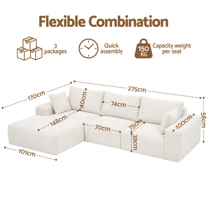 Artiss 3 Seater Modular Sofa Bed Sectional Boneless Couches for Living Room Corduroy Compressed Sofa White  - Image 2
