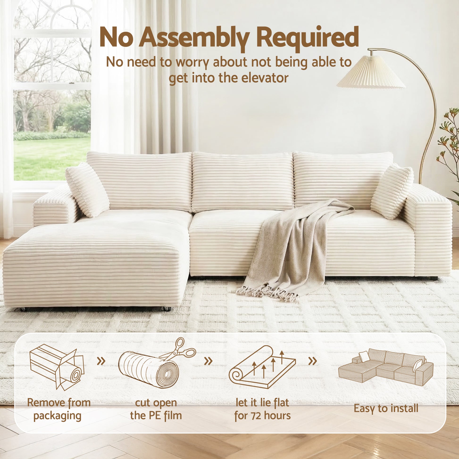 Artiss 3 Seater Modular Sofa Bed Sectional Boneless Couches for Living Room Corduroy Compressed Sofa White  - Image 4