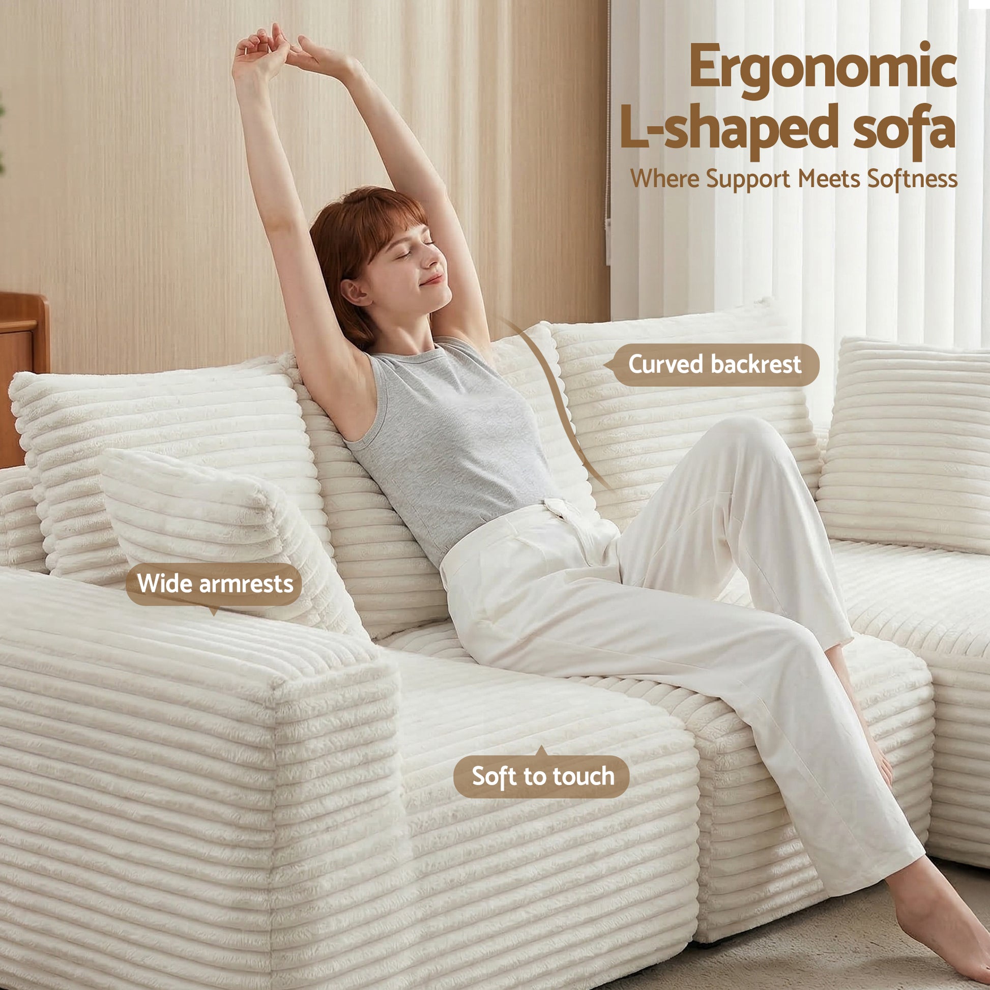 Artiss 3 Seater Modular Sofa Bed Sectional Boneless Couches for Living Room Corduroy Compressed Sofa White  - Image 6