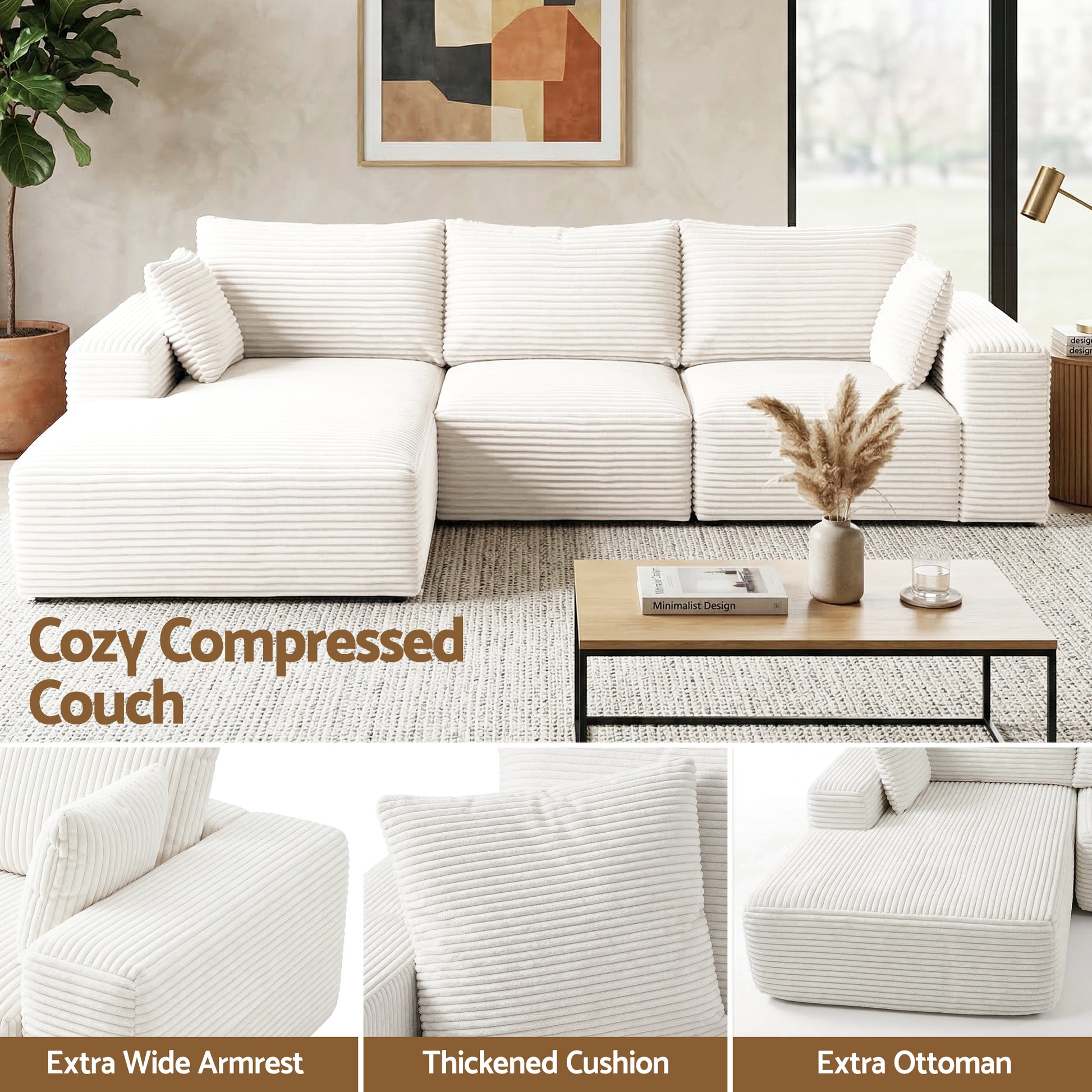 Artiss 3 Seater Modular Sofa Bed Sectional Boneless Couches for Living Room Corduroy Compressed Sofa White  - Image 8