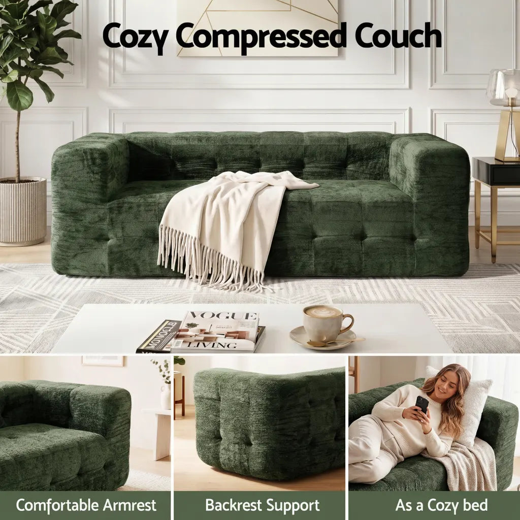 Artiss Comfort Boneless Sofa for Living Room Green Luxury Chenille - Image 6
