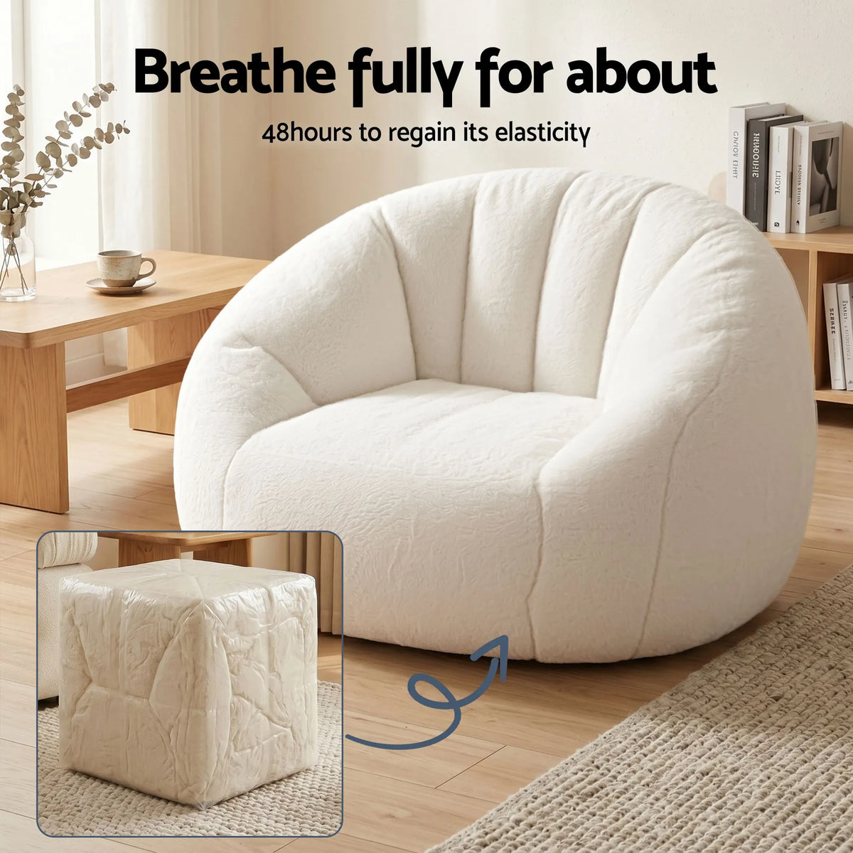 Artiss Single Small Boneless Couch Comfy Bean Bag for Living Room Faux Fur White - Image 4