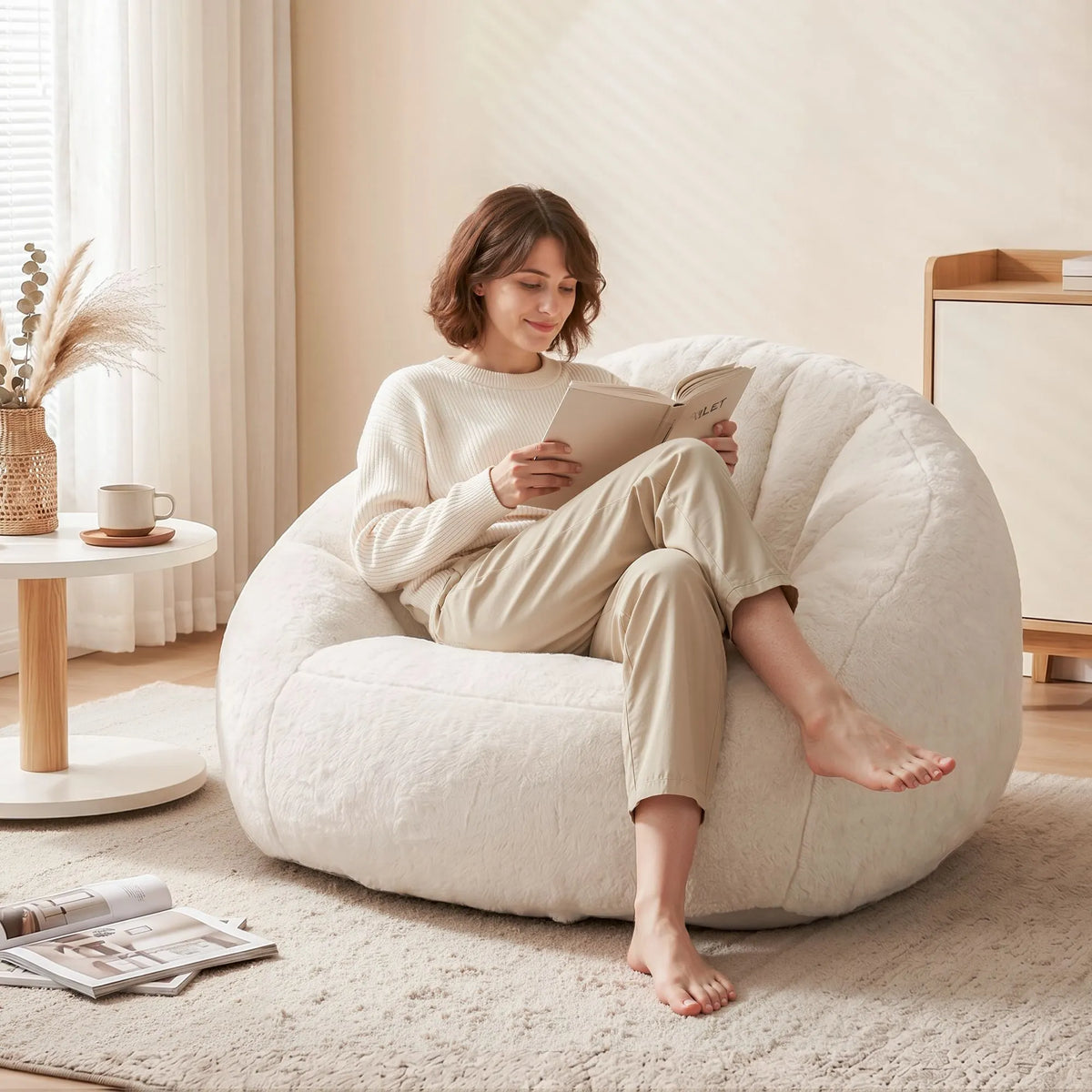 Artiss Single Small Boneless Couch Comfy Bean Bag for Living Room Faux Fur White - Image 5
