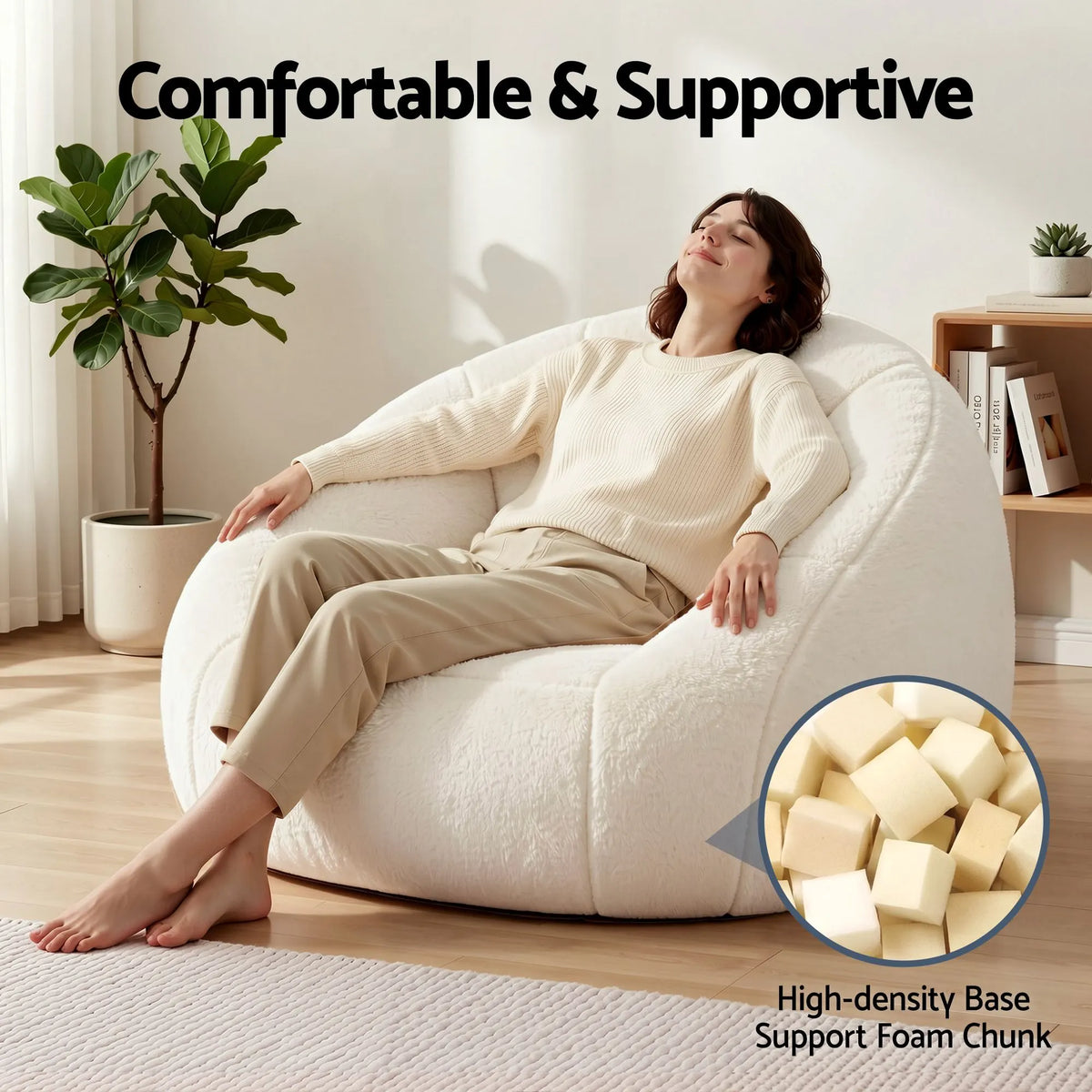 Artiss Single Small Boneless Couch Comfy Bean Bag for Living Room Faux Fur White - Image 9