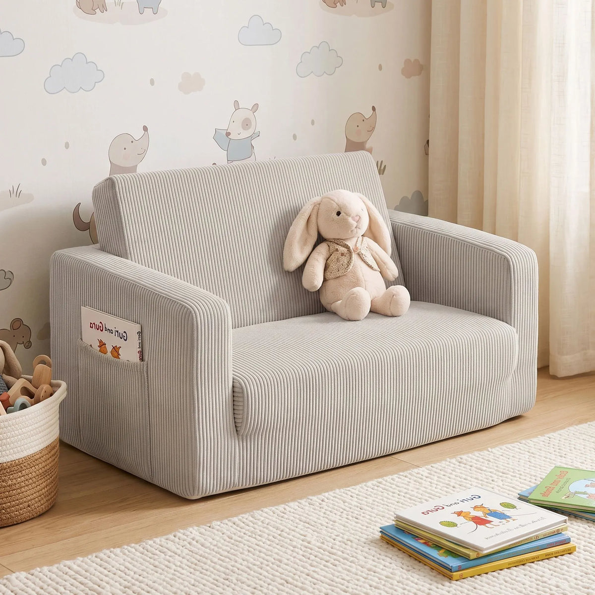 Artiss 2-in-1 Kids Sofa Toddler Foam Couch with Side Pocket Light Grey