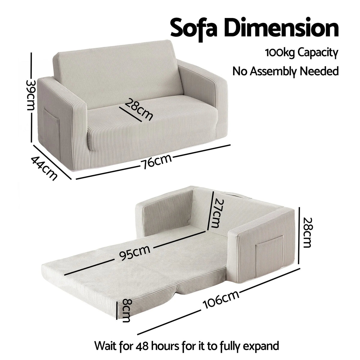 Artiss 2-in-1 Kids Sofa Toddler Foam Couch with Side Pocket Light Grey - Image 3