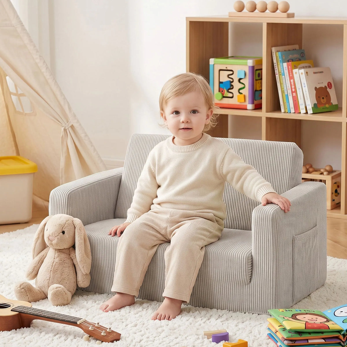 Artiss 2-in-1 Kids Sofa Toddler Foam Couch with Side Pocket Light Grey - Image 5