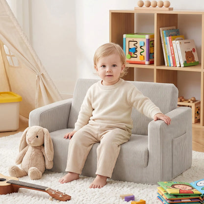 Artiss 2-in-1 Kids Sofa Toddler Foam Couch with Side Pocket Light Grey - Image 5