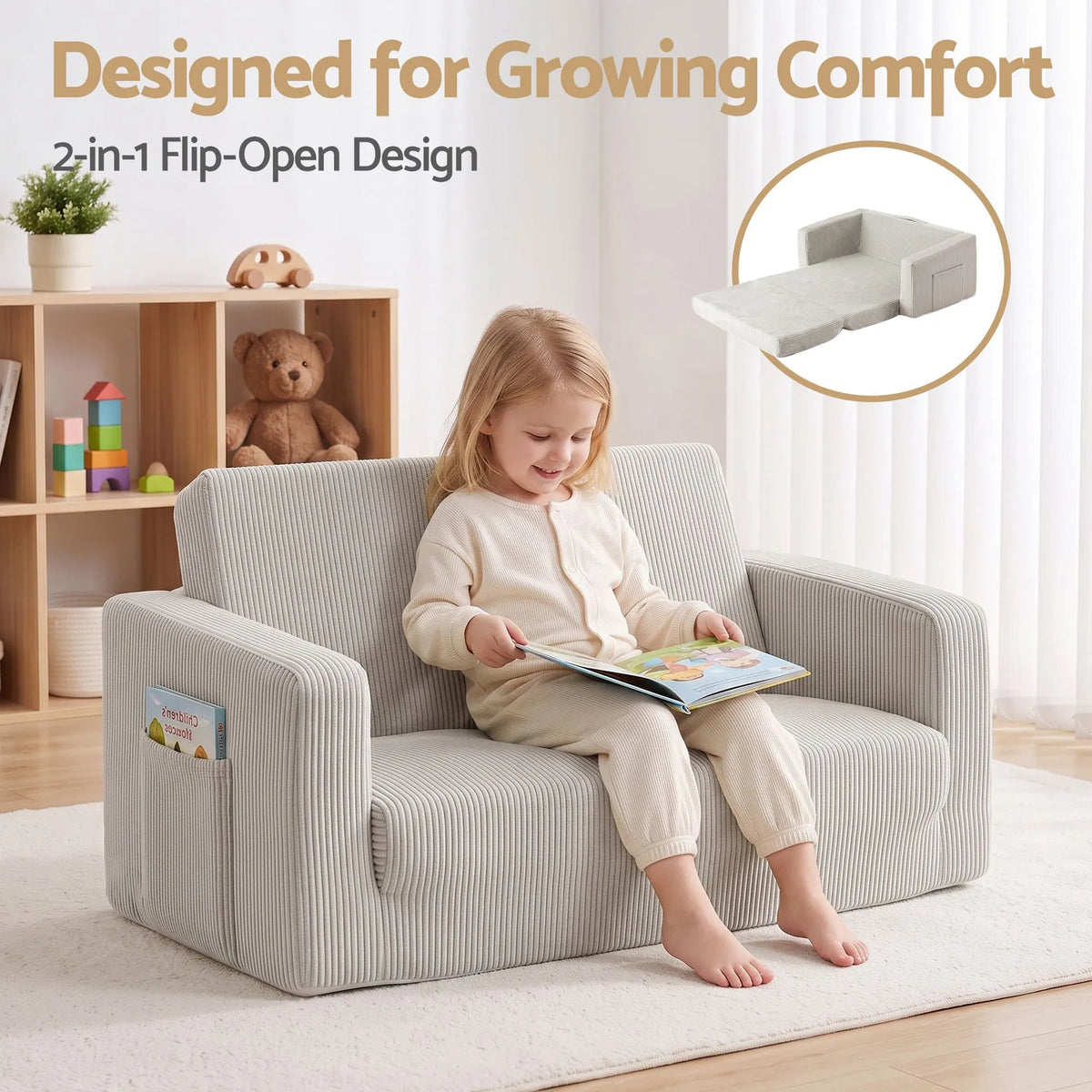 Artiss 2-in-1 Kids Sofa Toddler Foam Couch with Side Pocket Light Grey - Image 6