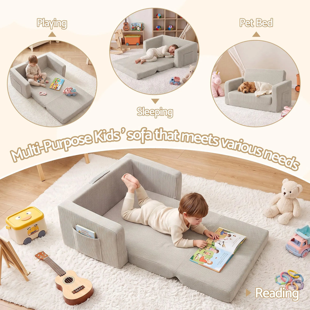 Artiss 2-in-1 Kids Sofa Toddler Foam Couch with Side Pocket Light Grey - Image 8