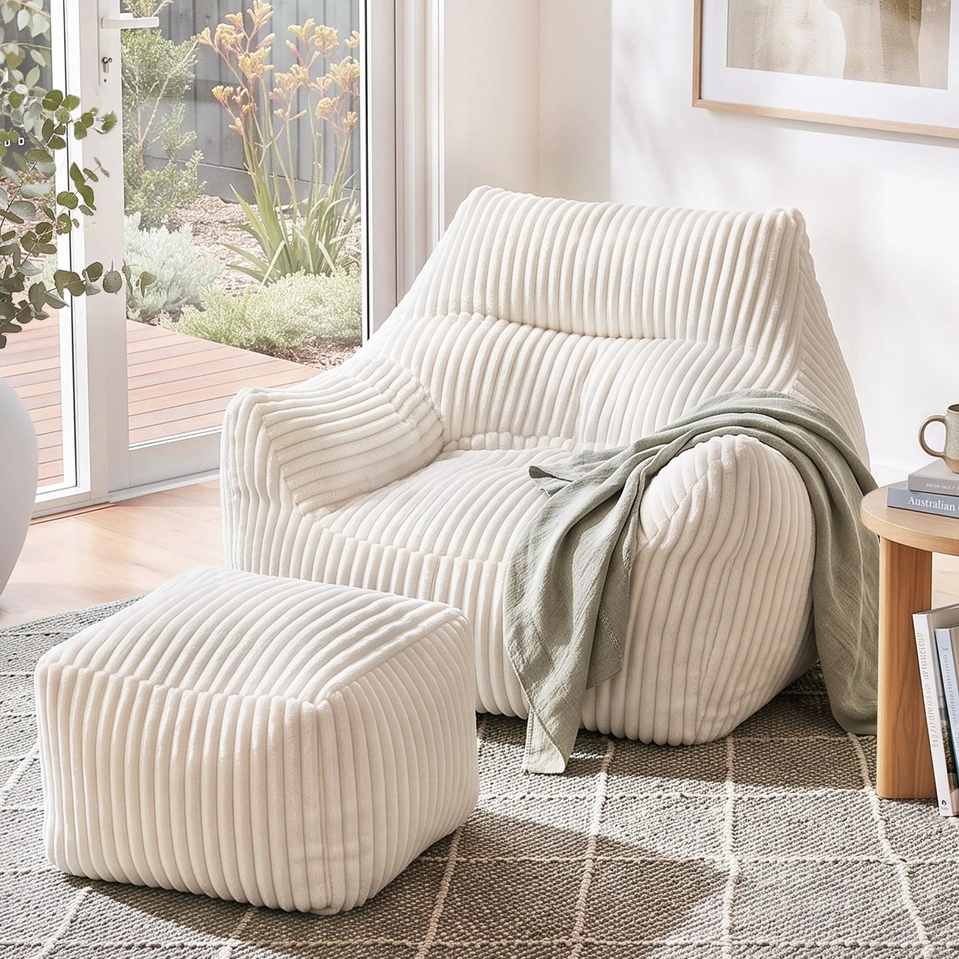 Artiss Bean Bag Sofa w/Ottoman Corduroy for Adults Teens White