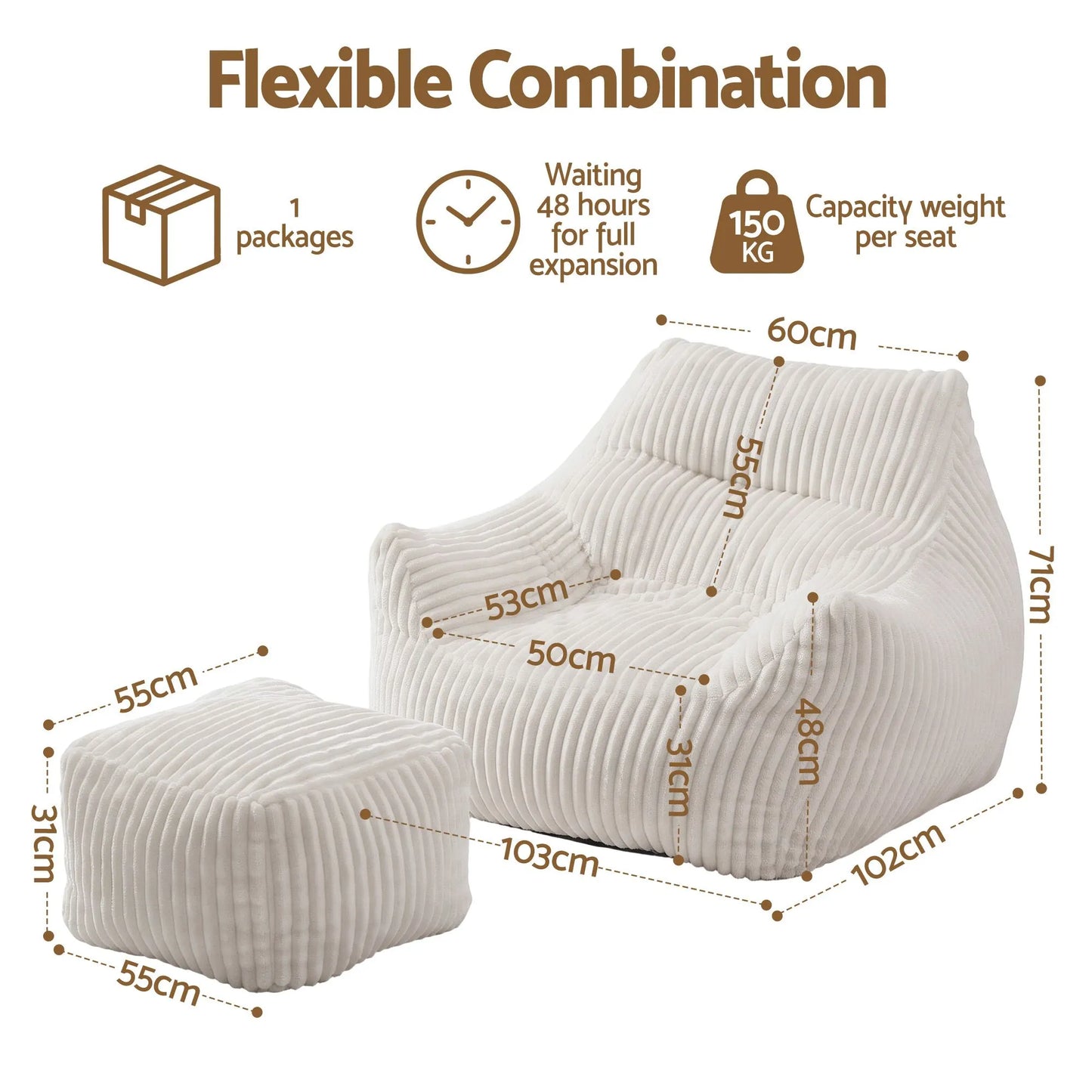 Artiss Bean Bag Sofa w/Ottoman Corduroy for Adults Teens White - Image 3