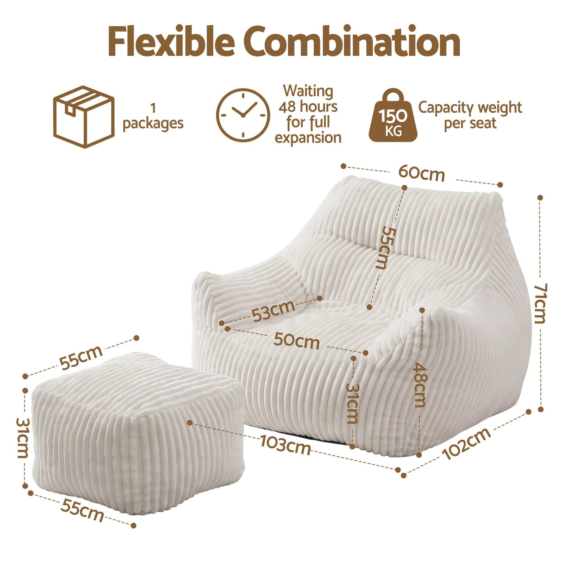 Artiss Bean Bag Sofa w/Ottoman Corduroy for Adults Teens White - Image 3