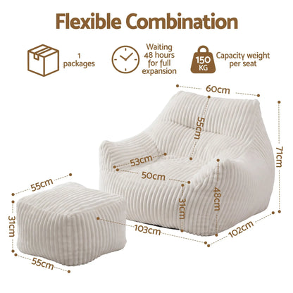 Artiss Bean Bag Sofa w/Ottoman Corduroy for Adults Teens White - Image 3