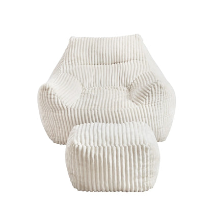 Artiss Bean Bag Sofa w/Ottoman Corduroy for Adults Teens White - Image 4
