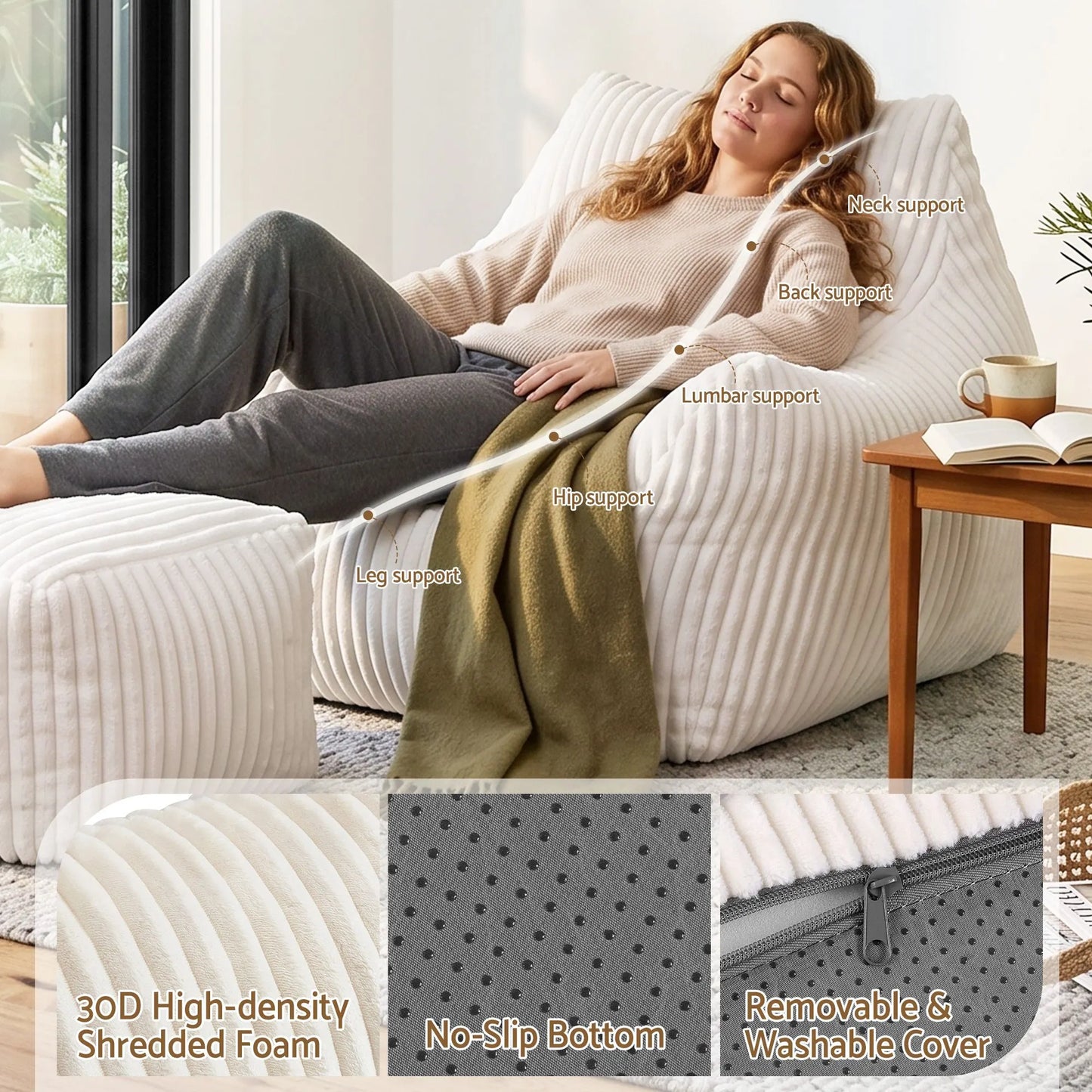 Artiss Bean Bag Sofa w/Ottoman Corduroy for Adults Teens White - Image 7