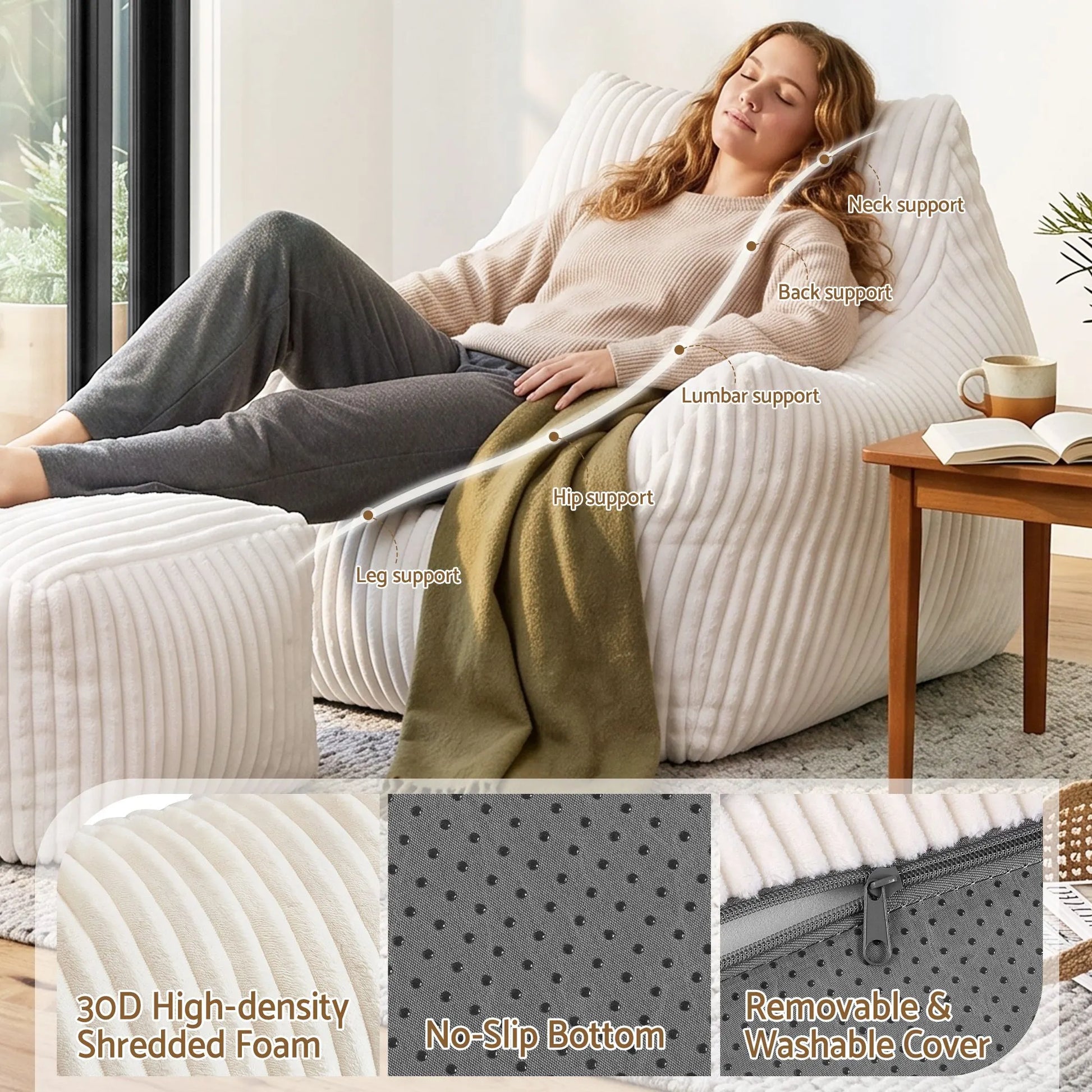 Artiss Bean Bag Sofa w/Ottoman Corduroy for Adults Teens White - Image 7