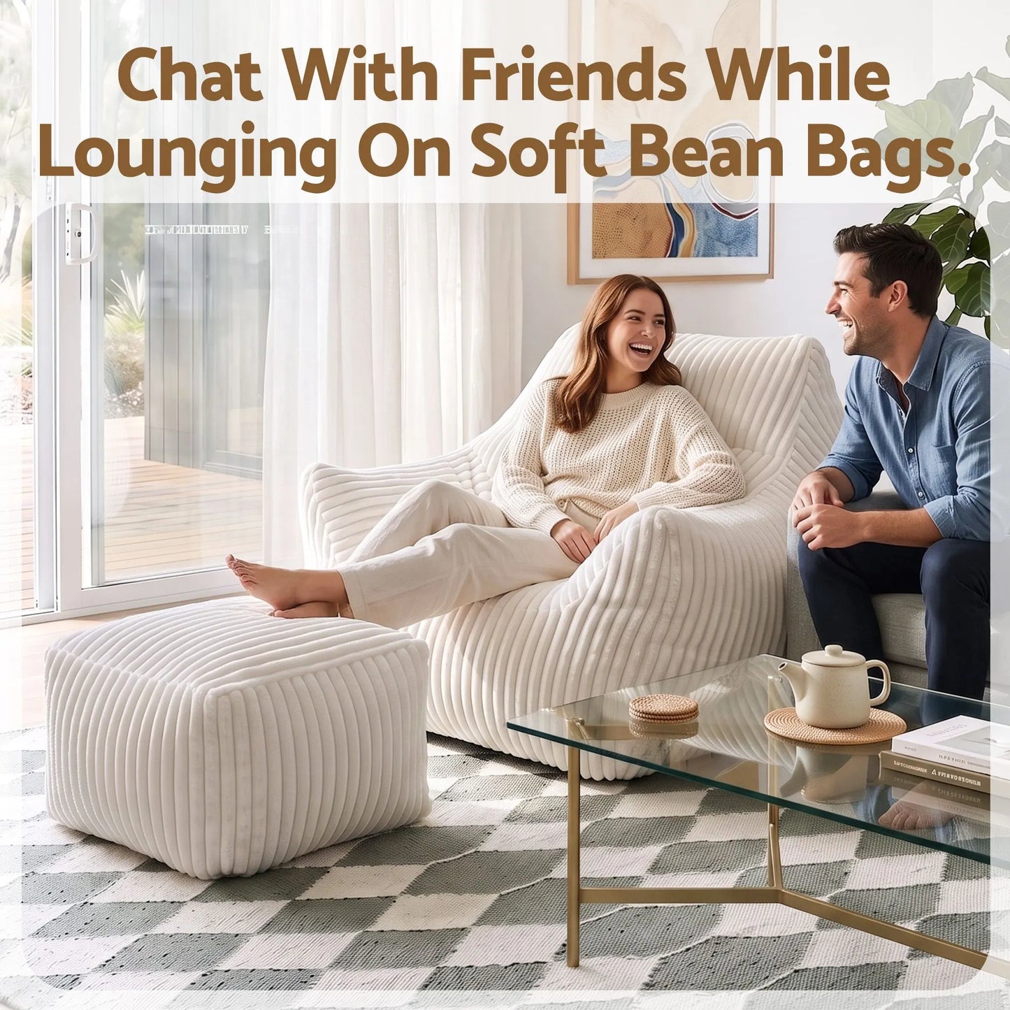 Artiss Bean Bag Sofa w/Ottoman Corduroy for Adults Teens White - Image 8