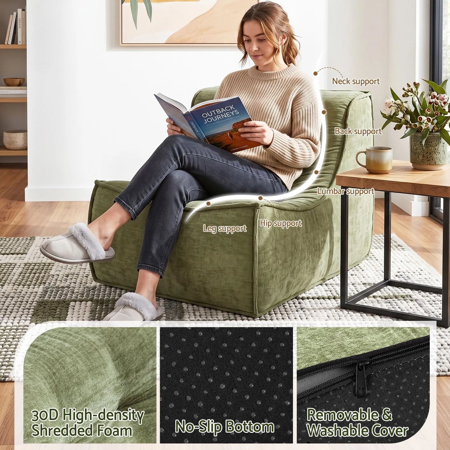 Artiss Floor Sofa Armless Chenille No Assembly Removable Cover Green - Image 7