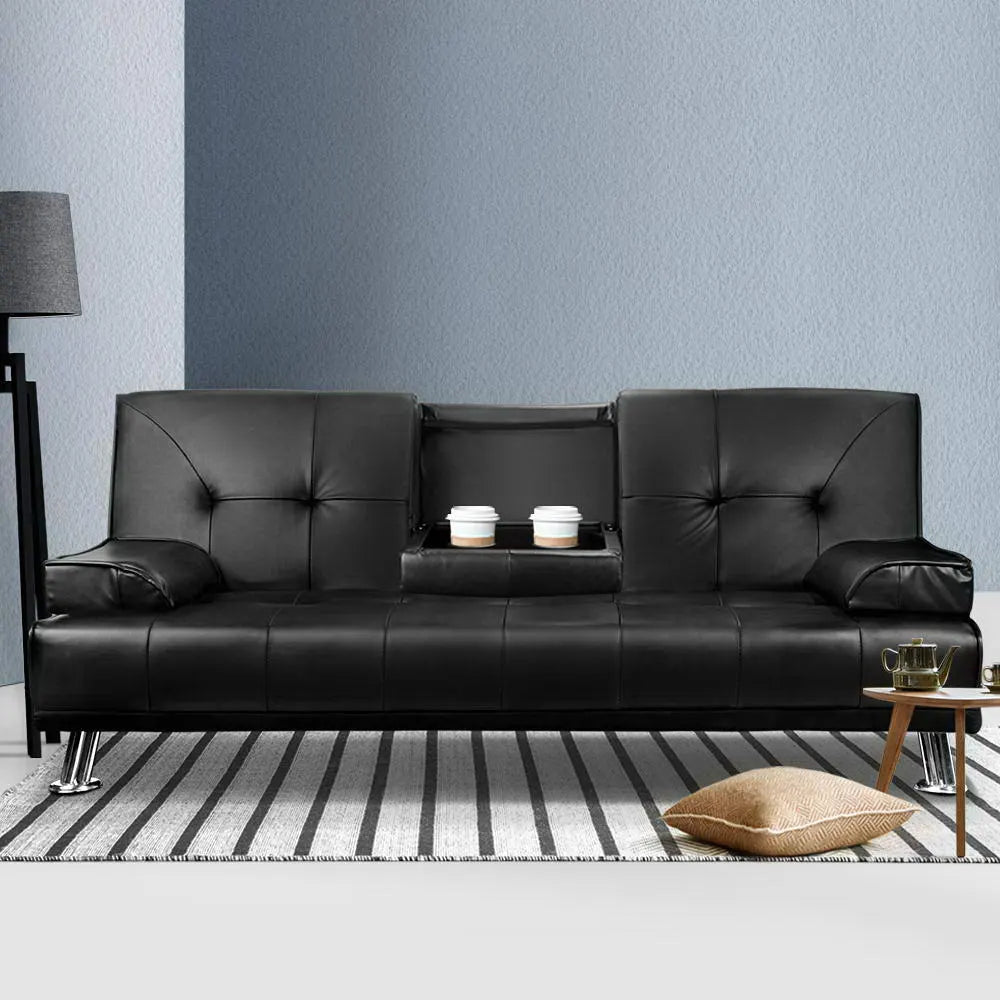 Artiss Sofa Bed Lounge Convertible Leather Couch Bed 3 Seater Cupholder Recliner - Image 7