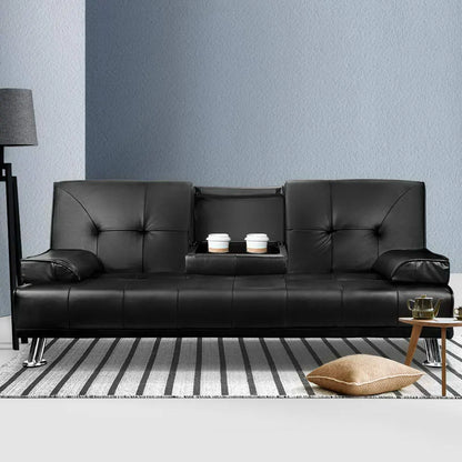 Artiss Sofa Bed Lounge Convertible Leather Couch Bed 3 Seater Cupholder Recliner - Image 7