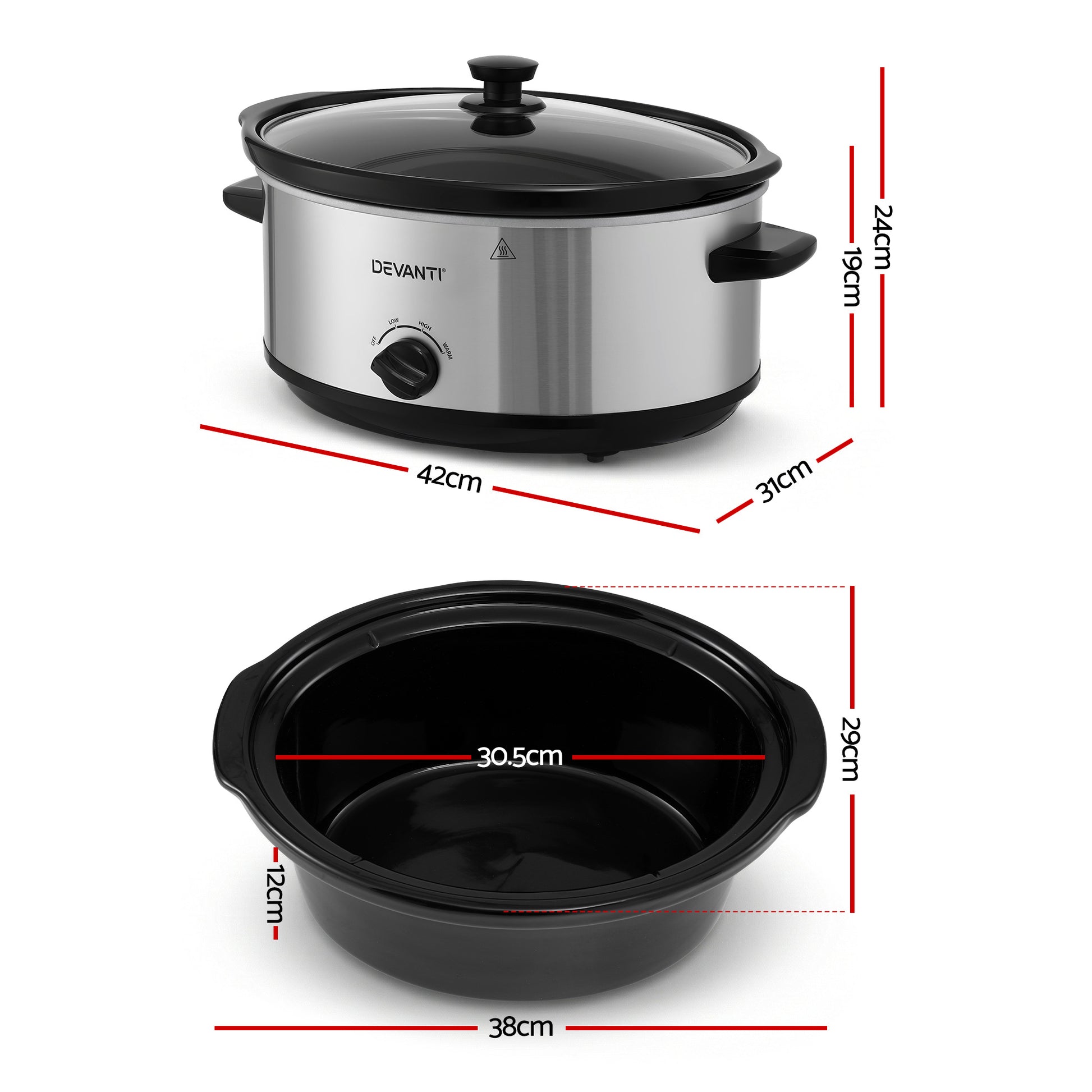 Devanti 6.5L Slow Cooker Electric Multi Cooker with 3 Heat Settings and Keep Warm Function - Image 2
